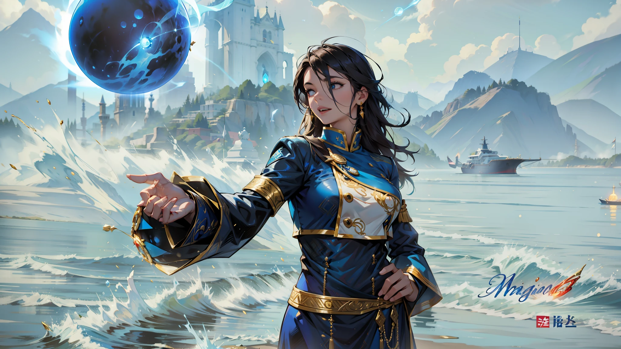 Young and charismatic woman, wearing blue maga costumes with gold details and adornments, conjuring a blue orb of energy