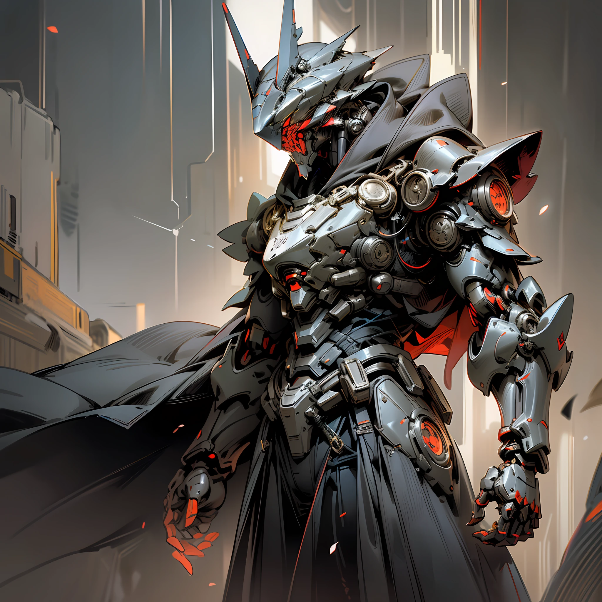 Dark_Fantasy,Cyberpunk,1man,Mechanical marvel,Robotic presence,Cybernetic guardian,dark knight mechanical armour, great sword on the back, absolutely stunning art,wearing a black cloak, highest quality art, highest resolution, hyper detailed,black and red outlines