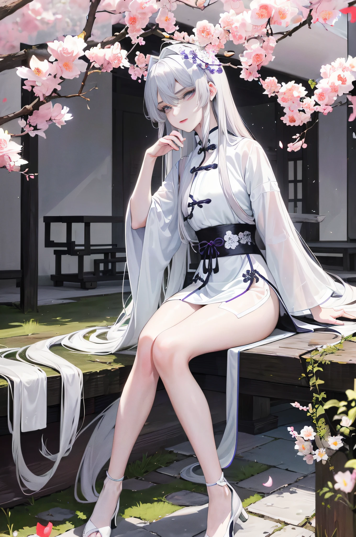 Masterpiece, Excellent, Daytime, Outdoor, Falling Flowers, Branches, Chinese Style, Ancient China, 1 Girl, Perfect Woman, Silver-White Long Haired Woman, Gray-blue Eyes, Pale Pink Lips, Cold, Serious, Bang, Purple Eyes, White Clothes, Black Clothing Lines, Delicate Face, Delicate Face, Sitting Legs, Smiling