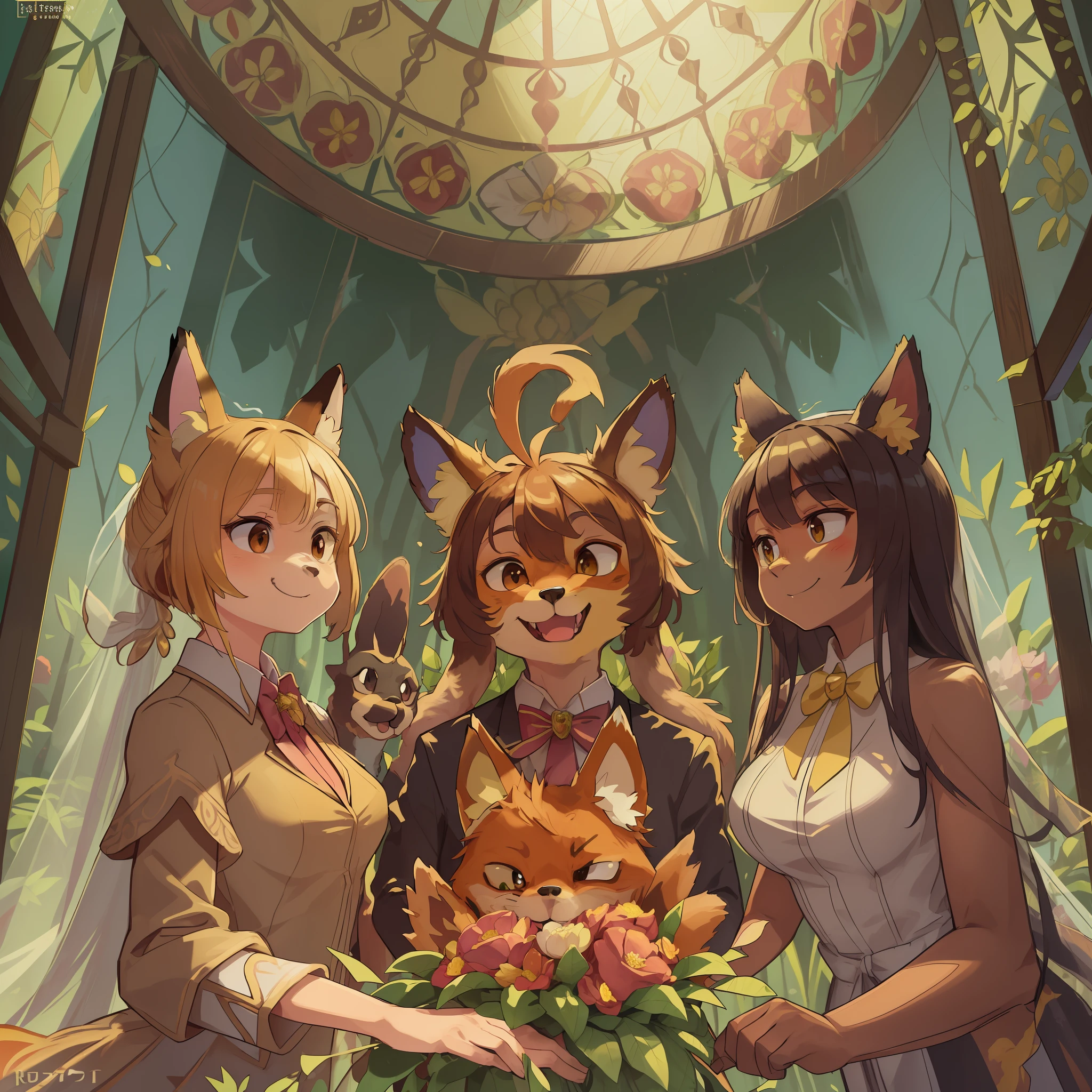 Top quality, ultra-fine illustrations, picture book cover, four-headed body (association, colorful stained glass with shimmering light, gold picture frame frame with tangled grass) (very detailed beautiful face and eyes) absurd perfect anatomy ((((beastman))) (dog groom in tuxedo, cat bride in wedding dress, fox in pastor's clothes, wedding photo, bouquet of beautiful flowers) ( Furry Antro: 1.7) ((furry body, animal facial features, animal body features))) (((muzzle of the animal, very detailed fur)))) full body, smile (dynamic pose),