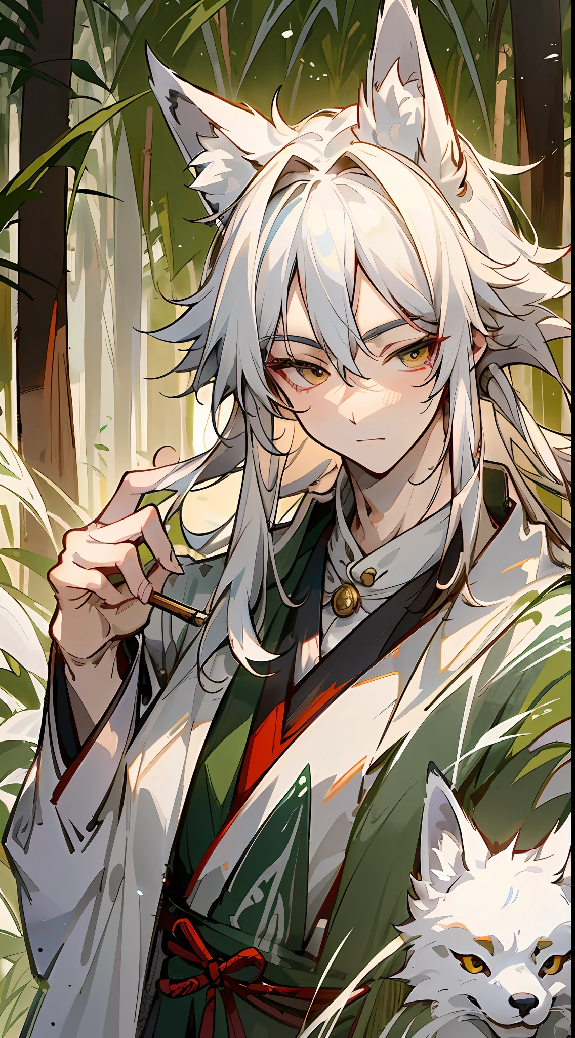 Masterpiece, Superb (Chinese Ink Painting), (Illustration), ((Huge White Fox Leprechaun Behind Back))), Mature Man, Chinese Style, (Ancient Chinese Male), (White Fox and White Haired Boy), Silver Hair, (Long Hair), (Messy Hair), (White Hair), (Fox Ears), Handsome, (White Ancient Chinese Clothes), ((Fluttering Leaves)), Eyebrows A Little Red, Green Bamboo Forest, Yoshida Hiroshi, Close-up, (Forest Background), (Chiaroscuro)), Fine Facial Details, Facial Detail, Cinema Lighting, (Depth of Field), UHD,