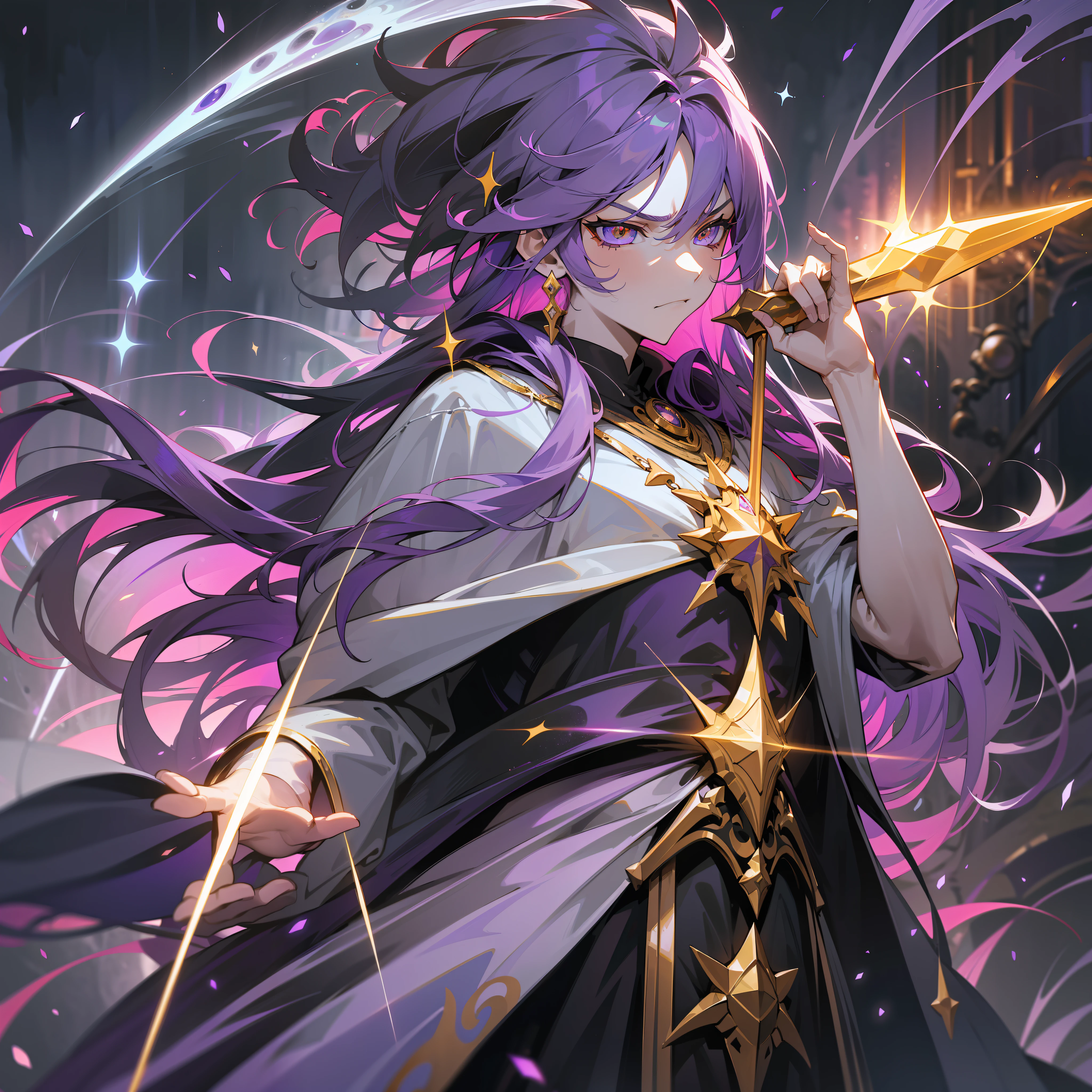 a mad angry man, dark sorcerer, (white, purple and yellow) wildly long hair, dark fantasy, detailed (white, purple and yellow) cosmic robe, cosmic staff