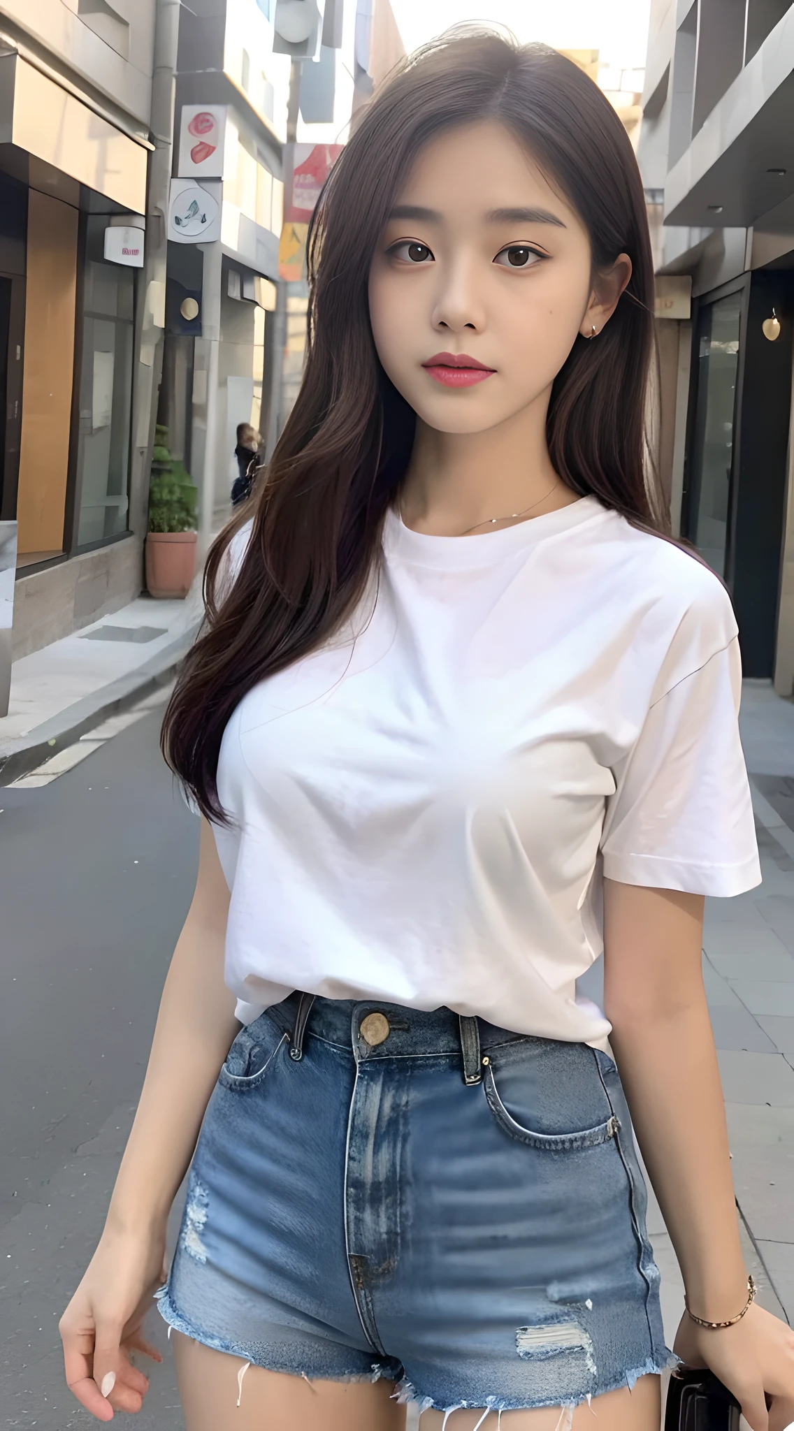 ((Best Quality, 8K, Masterpiece: 1.3)), (Japanese Cap: 1.3), Focus: 1.2, Perfect Body Beauty: 1.4, Buttocks: 1.2, (Layered Haircut: 1.2)), (Dark Street: 1.3), Highly detailed face and skin texture, Fine eyes, Double eyelids, a little bigger breasts, Whitened skin, Long hair, (Round face: 1.5), (Short sleeves, Shorts: 1.6)