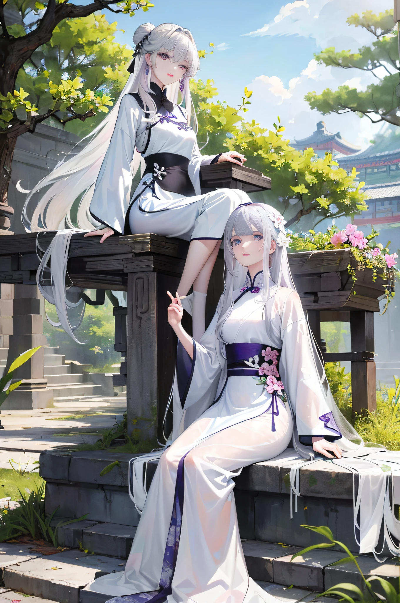 Masterpiece, Excellent, Daytime, Outdoor, Falling Flowers, Branches, Chinese Style, Ancient China, 1 Girl, Perfect Woman, Silver-White Long Haired Woman, Gray-blue Eyes, Pale Pink Lips, Cold, Serious, Bang, Purple Eyes, White Clothes, Black Clothing Lines, Delicate Face, Delicate Face, Sitting Legs, Smiling