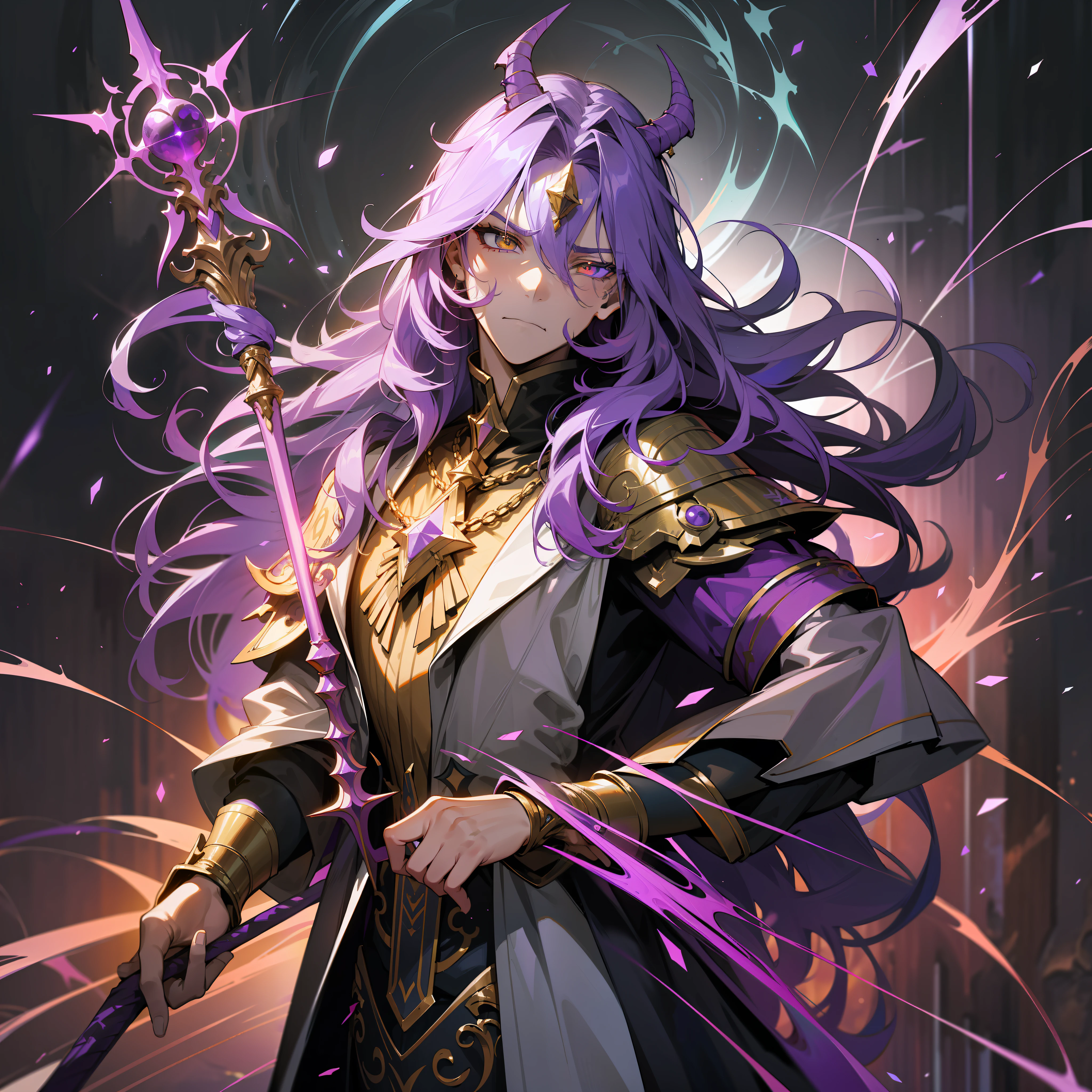 a mad angry man, dark sorcerer, (white, purple and yellow) wildly long hair, dark fantasy, detailed (white, purple and yellow) cosmic robe, cosmic staff