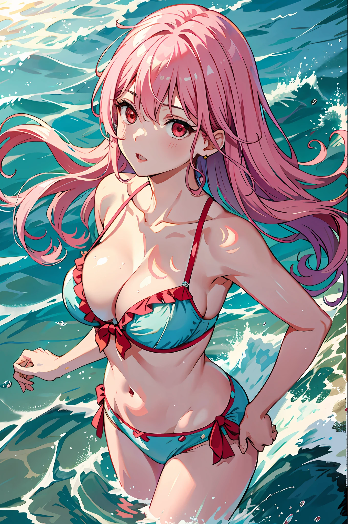 Ace, 4k, high resolution, masterpiece, best quality, idol singer, standing in the water, seaside, sky, cute, pink hair, beautiful and delicate eyes, waves, looking from the bottom up, large cleavage, red eyes