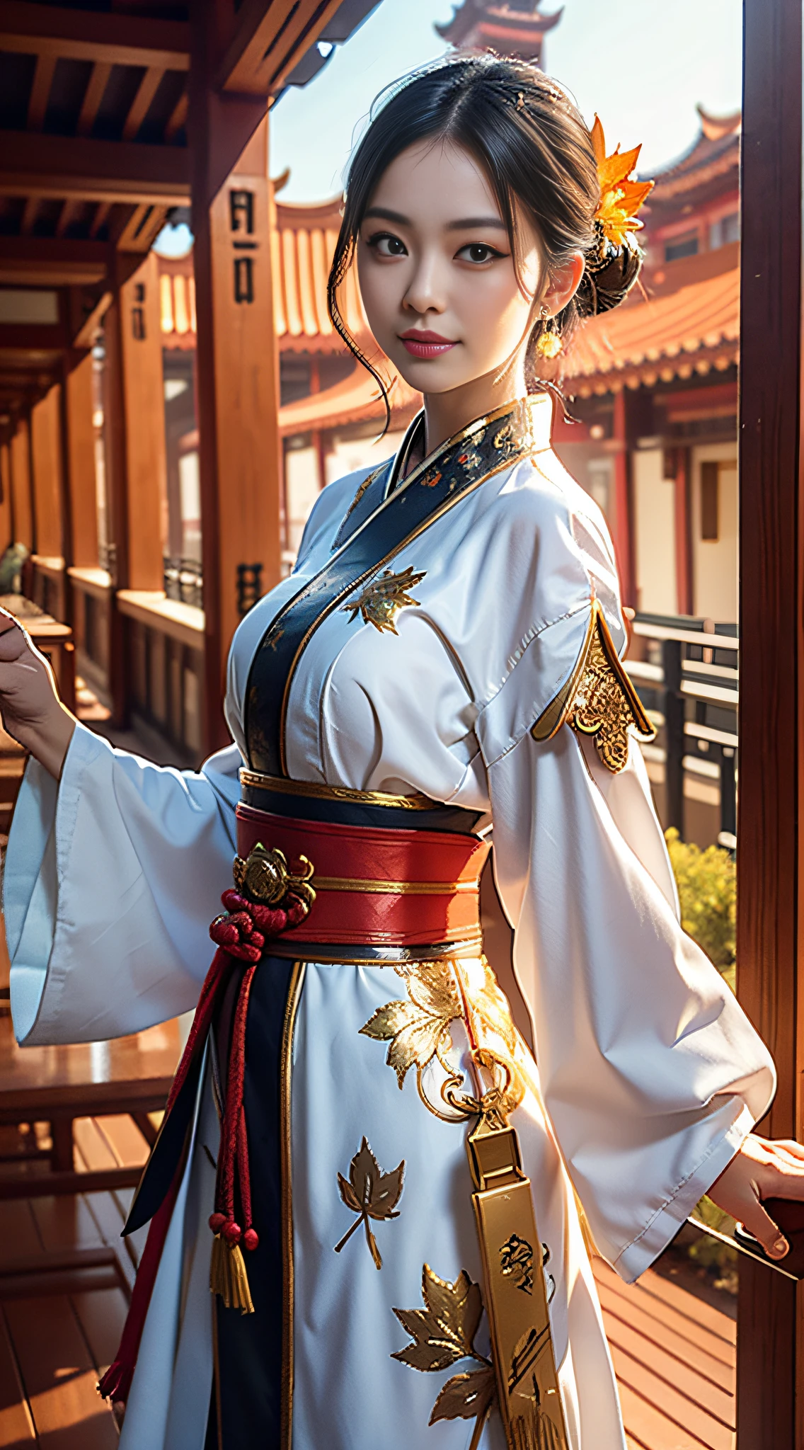 Best Quality, Masterpiece, Ultra High Resolution, (Realistic: 1.4), Xiuxian, Smiling, Shy, Belly Button, Delicate Makeup, Gorgeous Jewelry, Horse Face Dress, Detail Face,
1 girl, white clothes, lotus print, maple leaf print, solo, weapon, (magic circle: 1.2), Xiuxian, upper body, beautiful girl, half-body, East Asian architecture, sheath, construction,