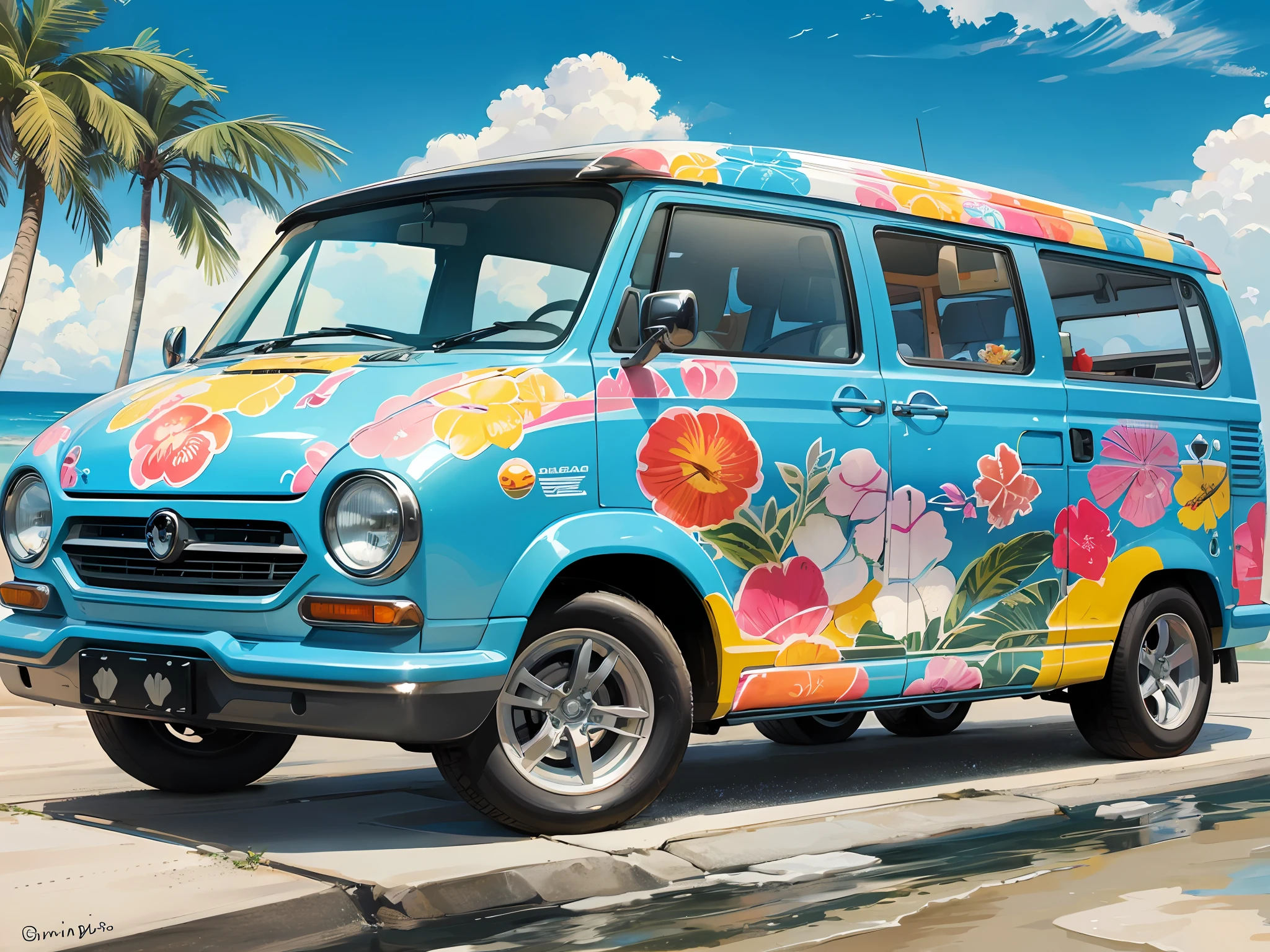 The Wagen van is driving on the beach of Waikiki, the car is mainly painted by Gardenia, and the entire side of the wagen van is painted in American pop art with graphic illustrations inspired by the Waikiki coast. Delicate Details, Detailed Background, Delicate Drawing, High Quality, High Quality, High Resolution, 8K, Masterpiece --auto --s2