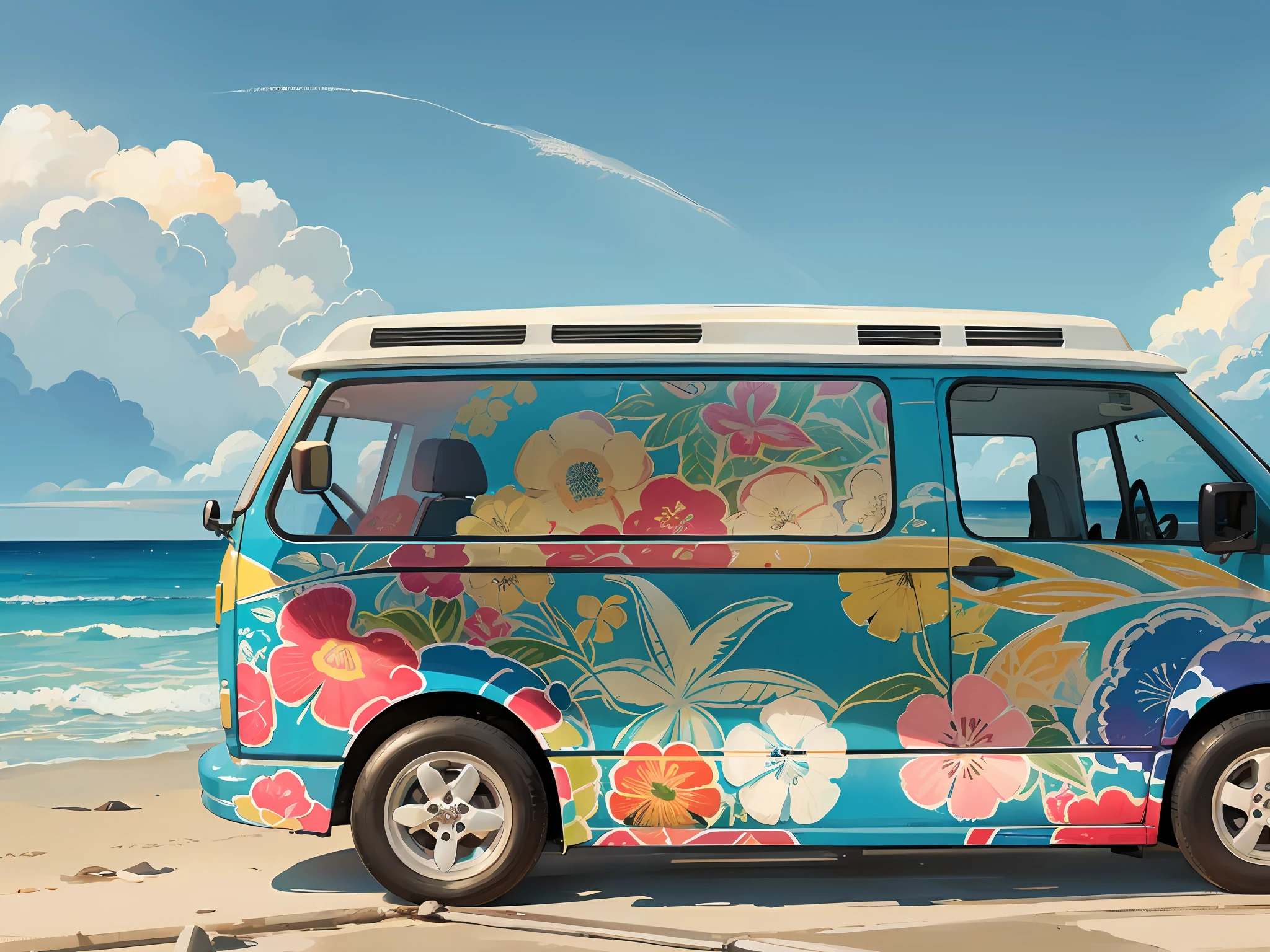 The Wagen van is driving on the beach of Waikiki, the car is mainly painted by Gardenia, and the entire side of the wagen van is painted in American pop art with graphic illustrations inspired by the Waikiki coast. Delicate Details, Detailed Background, Delicate Drawing, High Quality, High Quality, High Resolution, 8K, Masterpiece --auto --s2