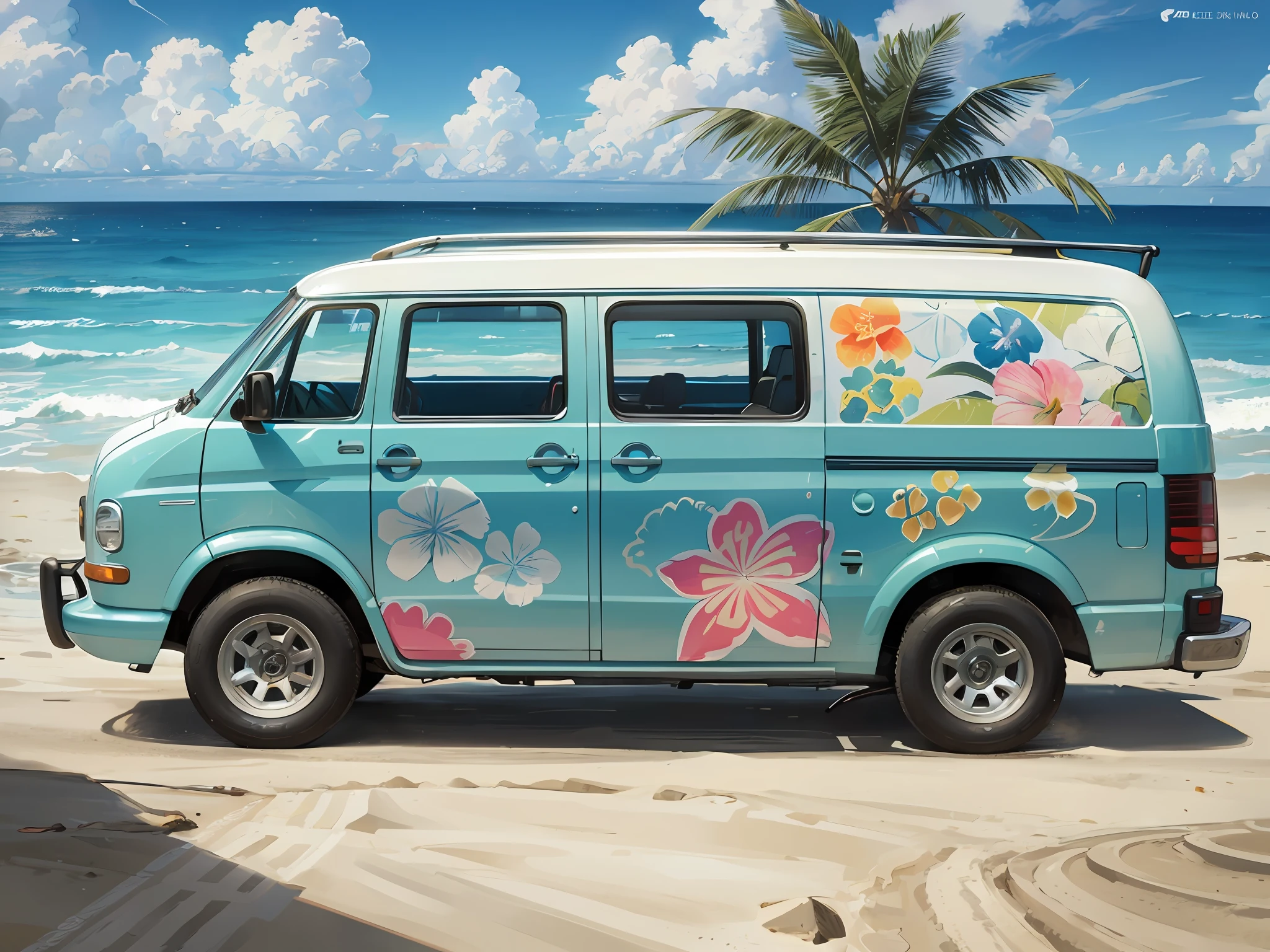 The Wagen van is driving on the beach of Waikiki, the car is mainly painted by Gardenia, and the entire side of the wagen van is painted in American pop art with graphic illustrations inspired by the Waikiki coast. Delicate Details, Detailed Background, Delicate Drawing, High Quality, High Quality, High Resolution, 8K, Masterpiece --auto --s2