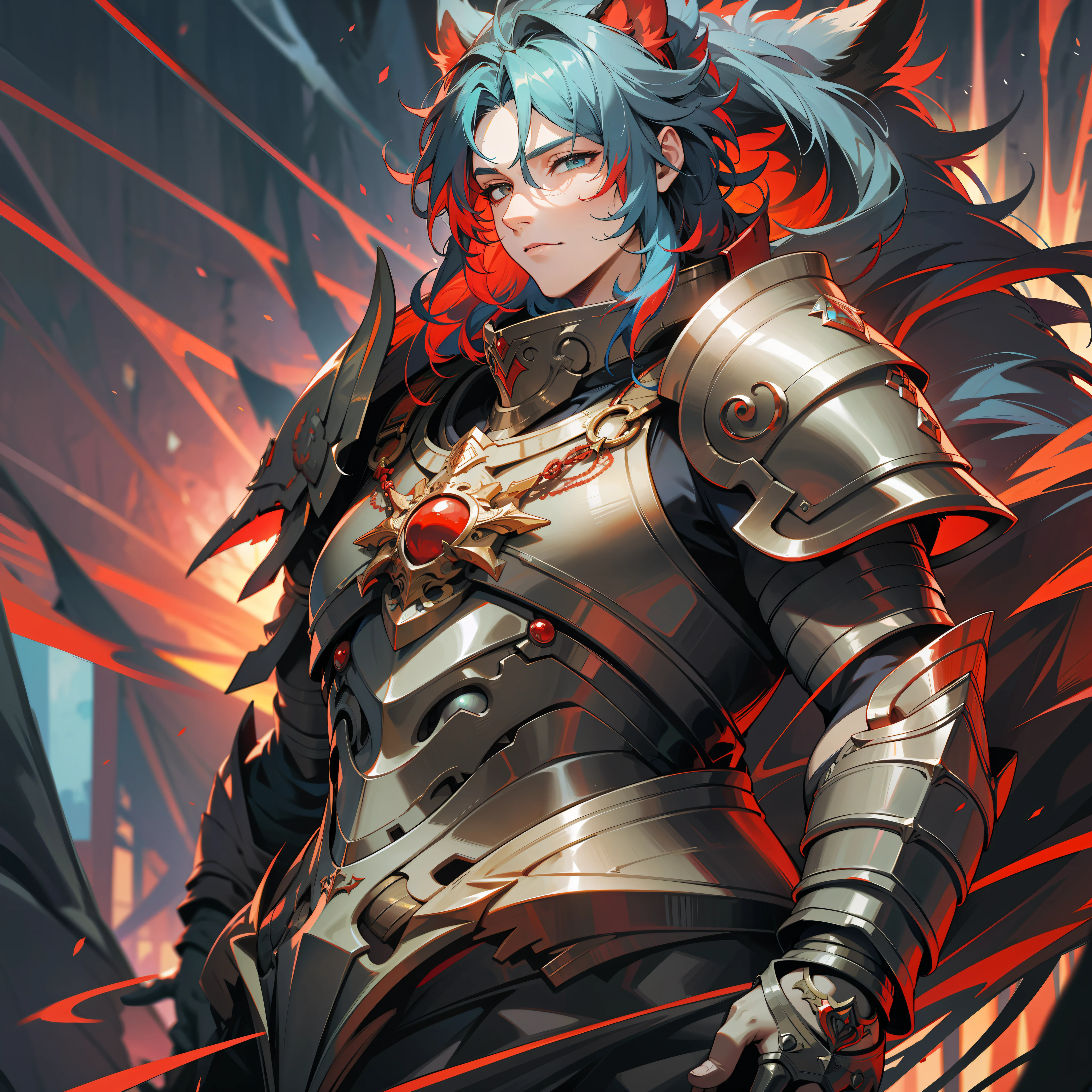 a male druid, wildly colored hair, dark fantasy, detailed colored armor, with a giant red bear behind him