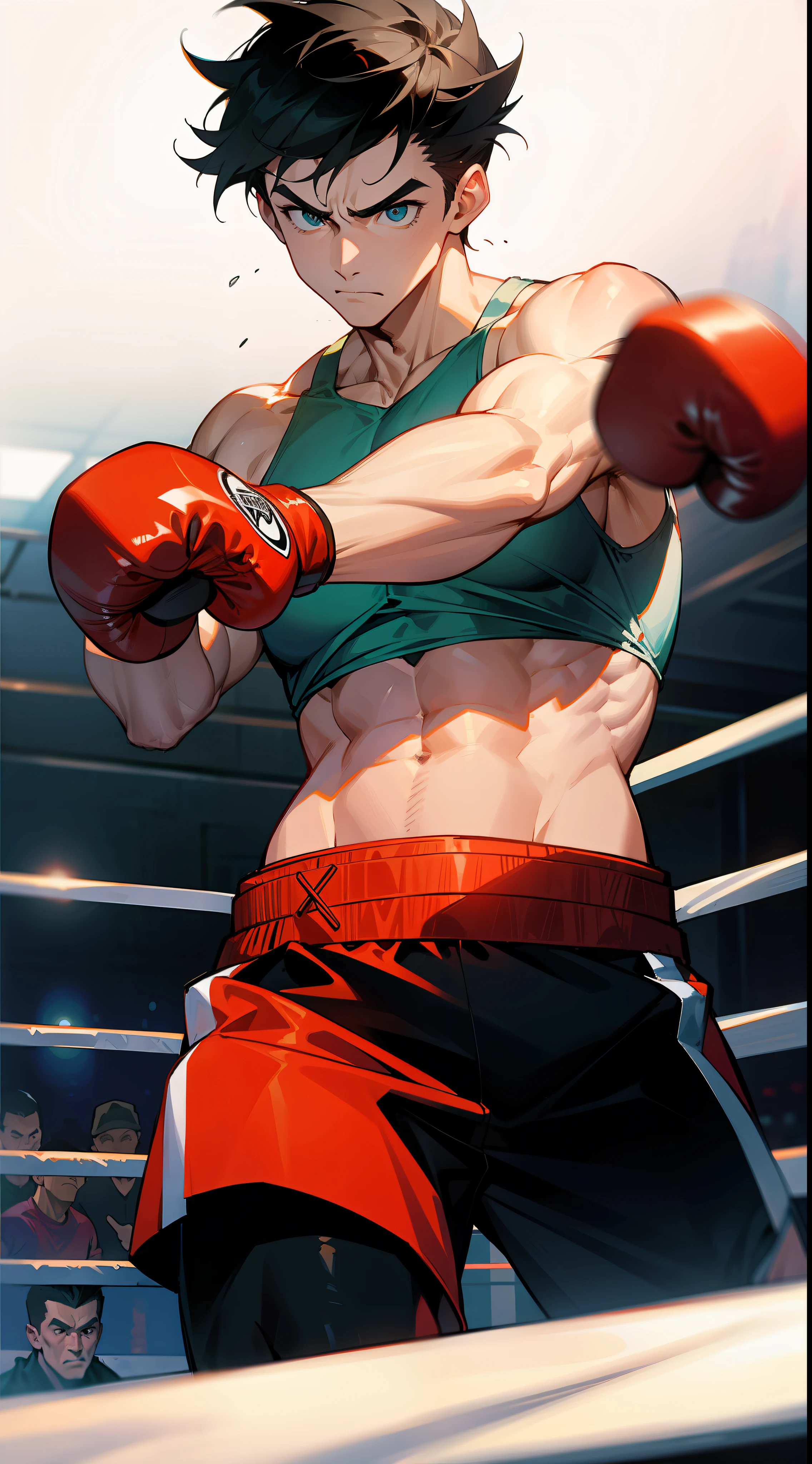 a man with boxing gloves, fighting pose, in a boxing ring