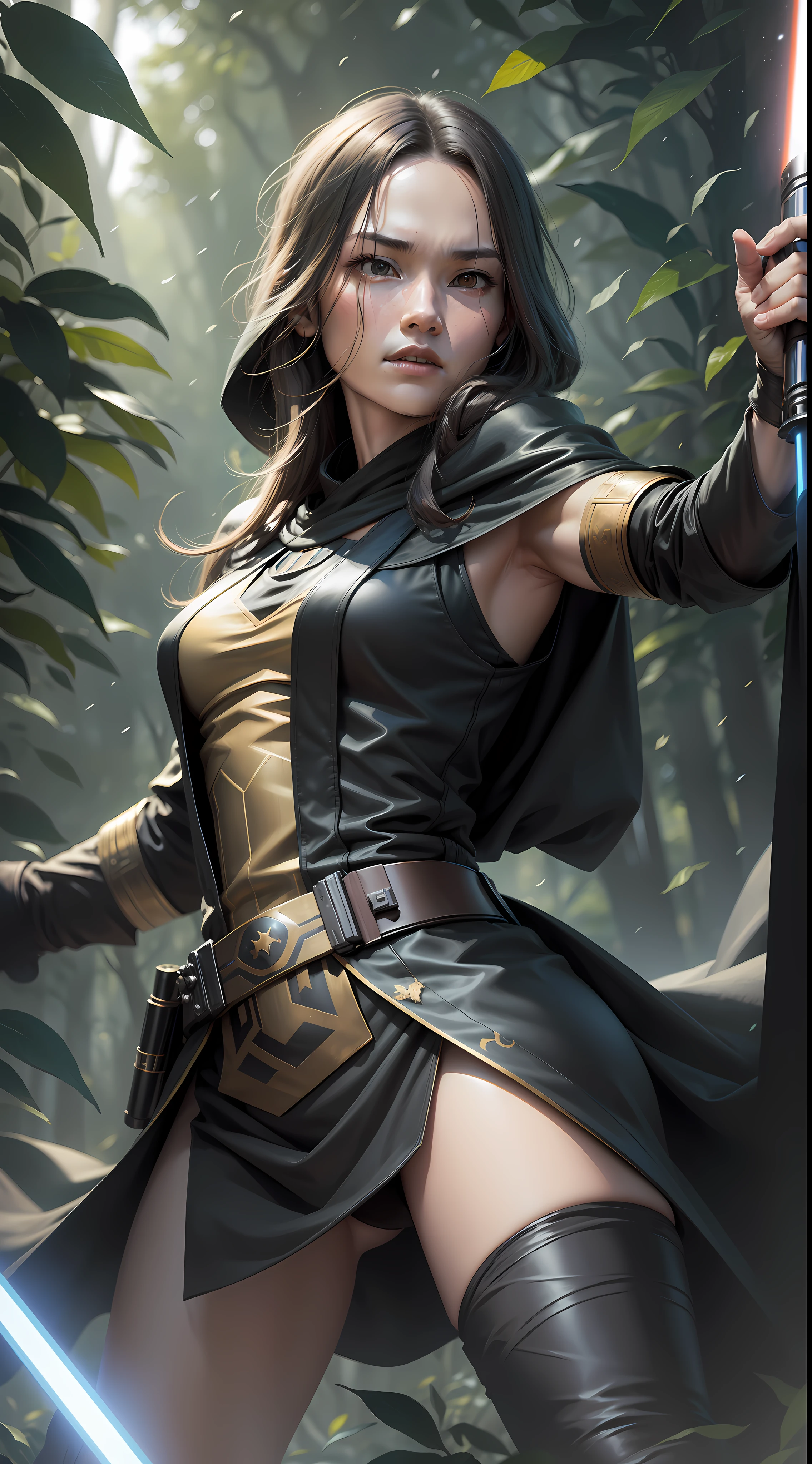 Star wars, Jedi Knight, Black cloak, 奎刚·金Qui-Gon jinn, lightsaber, Dangerous jungle background, Dark style, Technical symmetry, fully body, Dynamic pose, Movie, best qua4lity, Dynamic perspective, dynamic angle, golden ratio, Wide-angle photography, Wide field of view, Deep depth of field, zoom out, jiezuo, High Detailed, best qua4lity, highresolution, 3D, film grain, raised fist, UHD, Anatomically correct, high quality, award winning
