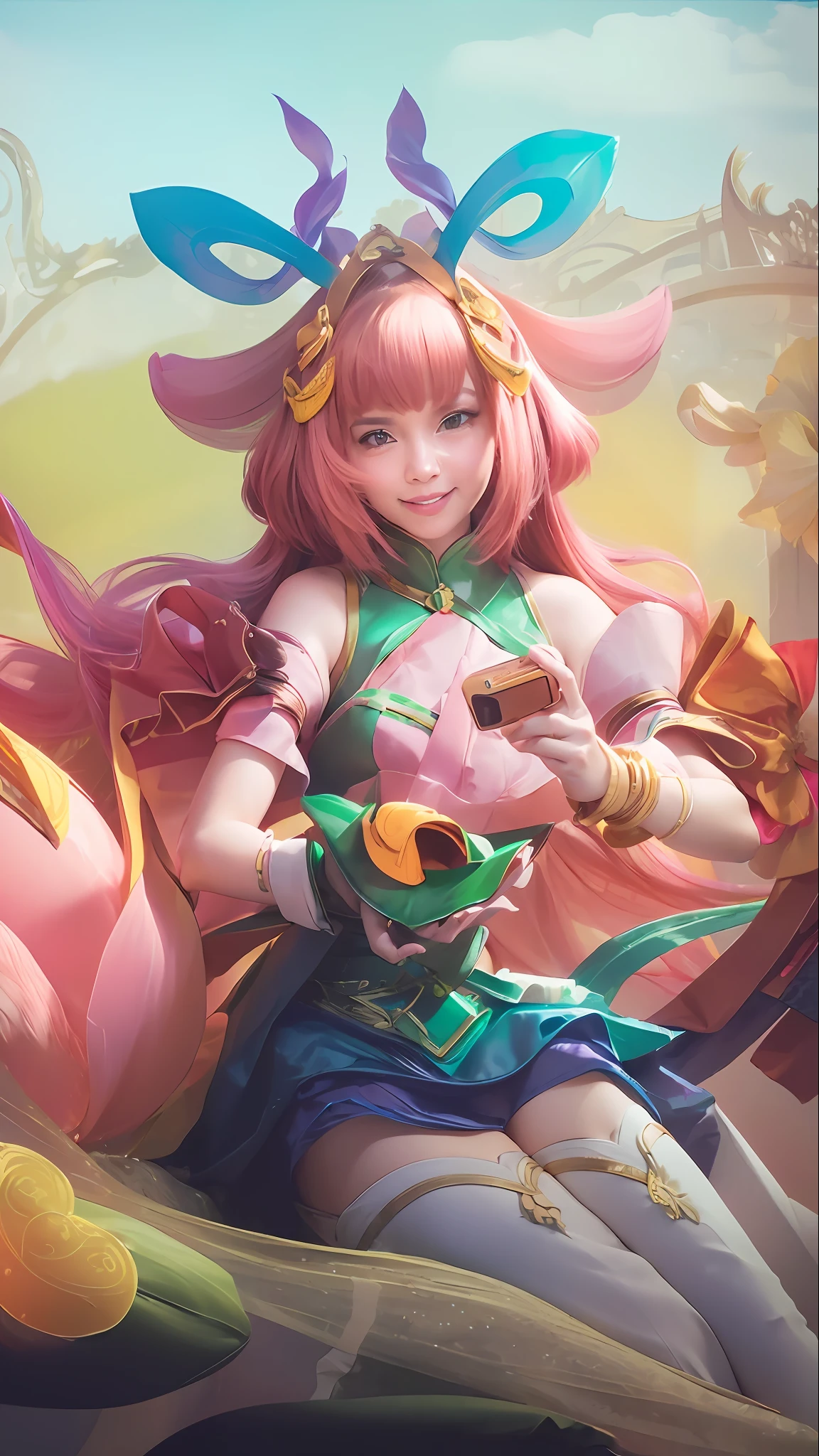 (photorealistic:1.4),(raw photo:1.2),official art,(extremely detailed CG:1.2), (masterpiece:1.2), (best quality:1.2),looking at viewer,(full body)
,(1girl),(long hair),standing,(thai tradition dress:1.05),pink dress,dynamic pose,(tradition shoulder shawl),((brown skirt)),(golden jewelry), (smile)
,