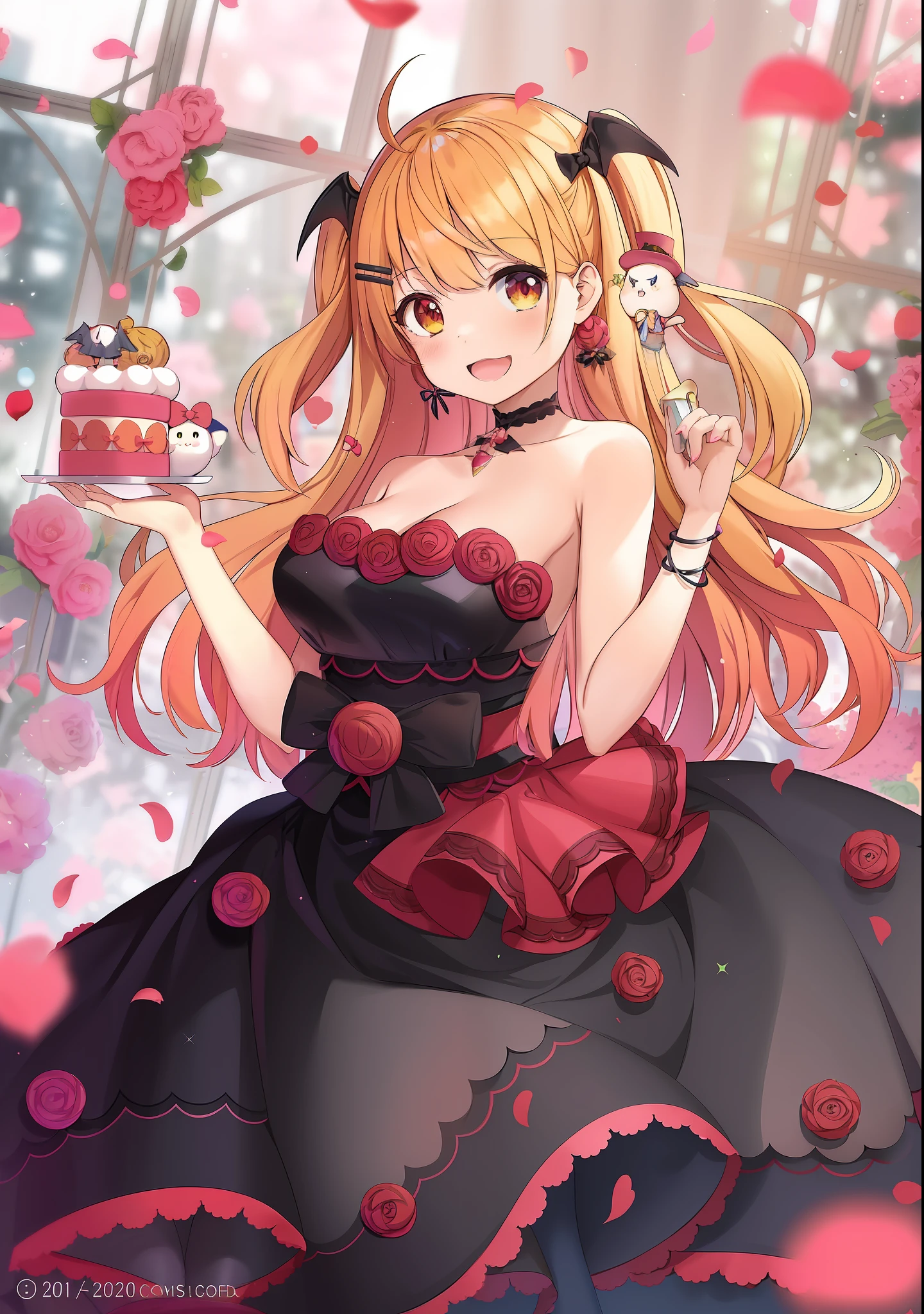 anime girl with a cake and a cat on her shoulder, in dress, cute anime waifu in a nice dress, anime girl wearing a black dress, small curvy lolilash art anime loli, makitagawa fanart, blonde anime girl with long hair, (anime girl), pixiv contest winner, anime visual of a cute girl