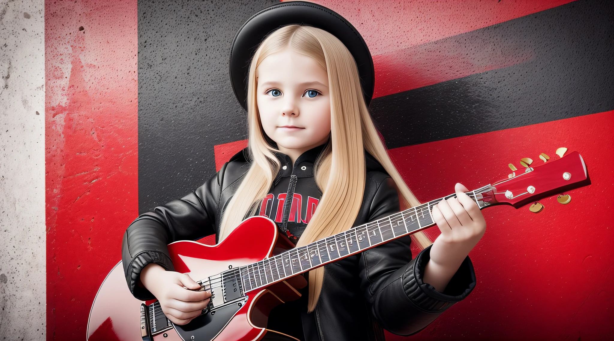 Russian style, girl ********, portrait, long blonde hair with red leather jacket and black clothing, background with amplifiers and guitars,. --auto --s2