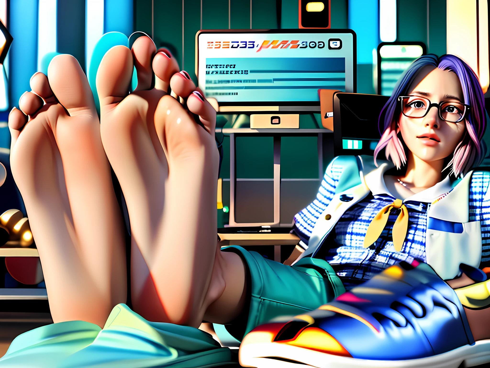 (masterpiece: 1.4), best quality, 1 girl, hipster style, 3d render, high quality, hipster clothes, short white blazer,, feet in focus, super detailed feet,full body, blush, looking at viewer, sitting, feet up, soles, incredibly detailed, ultra detailed skin, ultra hd, 8k, super detailed, realistic