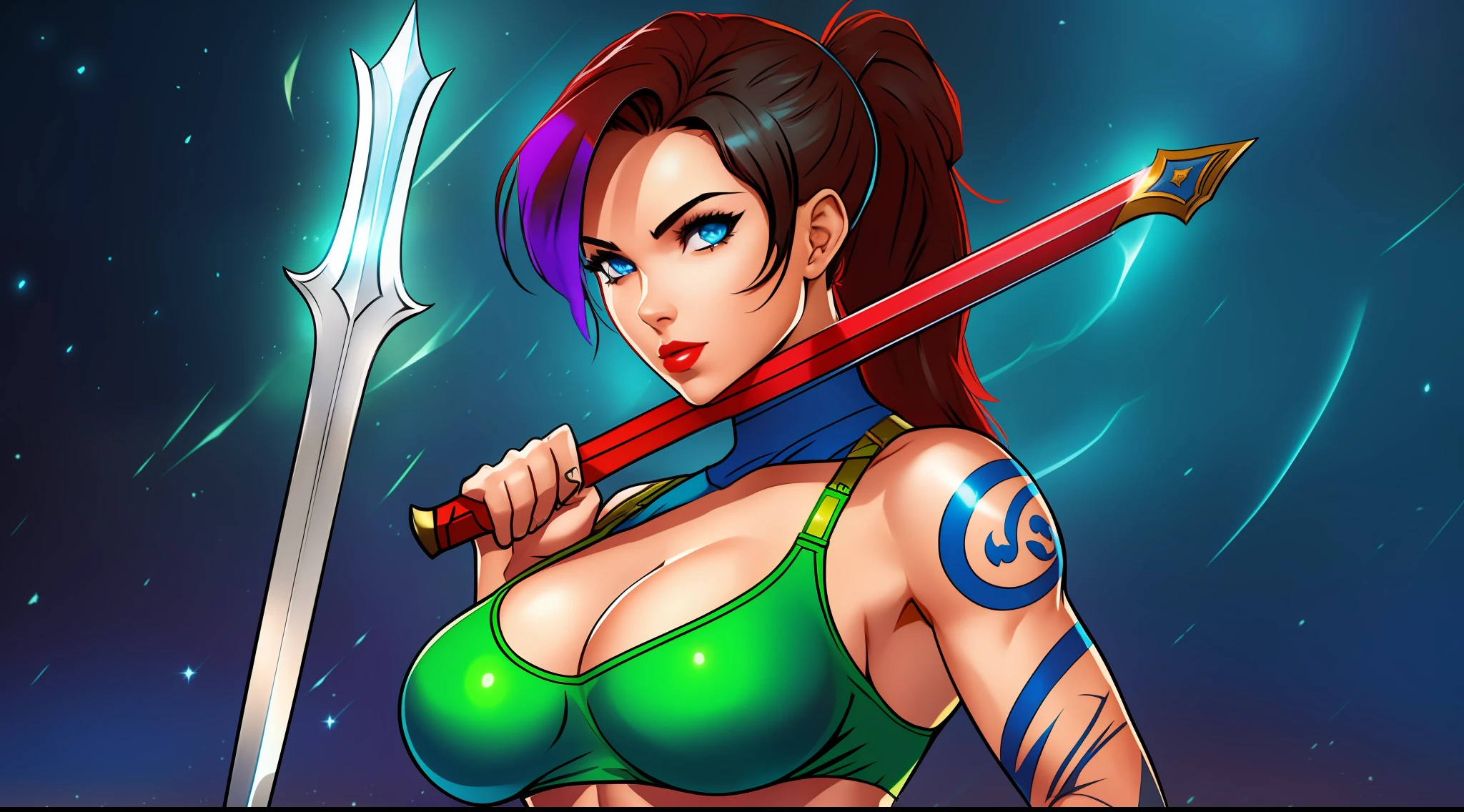 league of legends, leona, warrior, sword, shield, tattoos, ponytail, green bikini, c string, gloves, sleeveless, huge breasts, cleavage, red lipstick, black hair, blue eyes, wide hips, thick thighs, muscles, abs, action pose