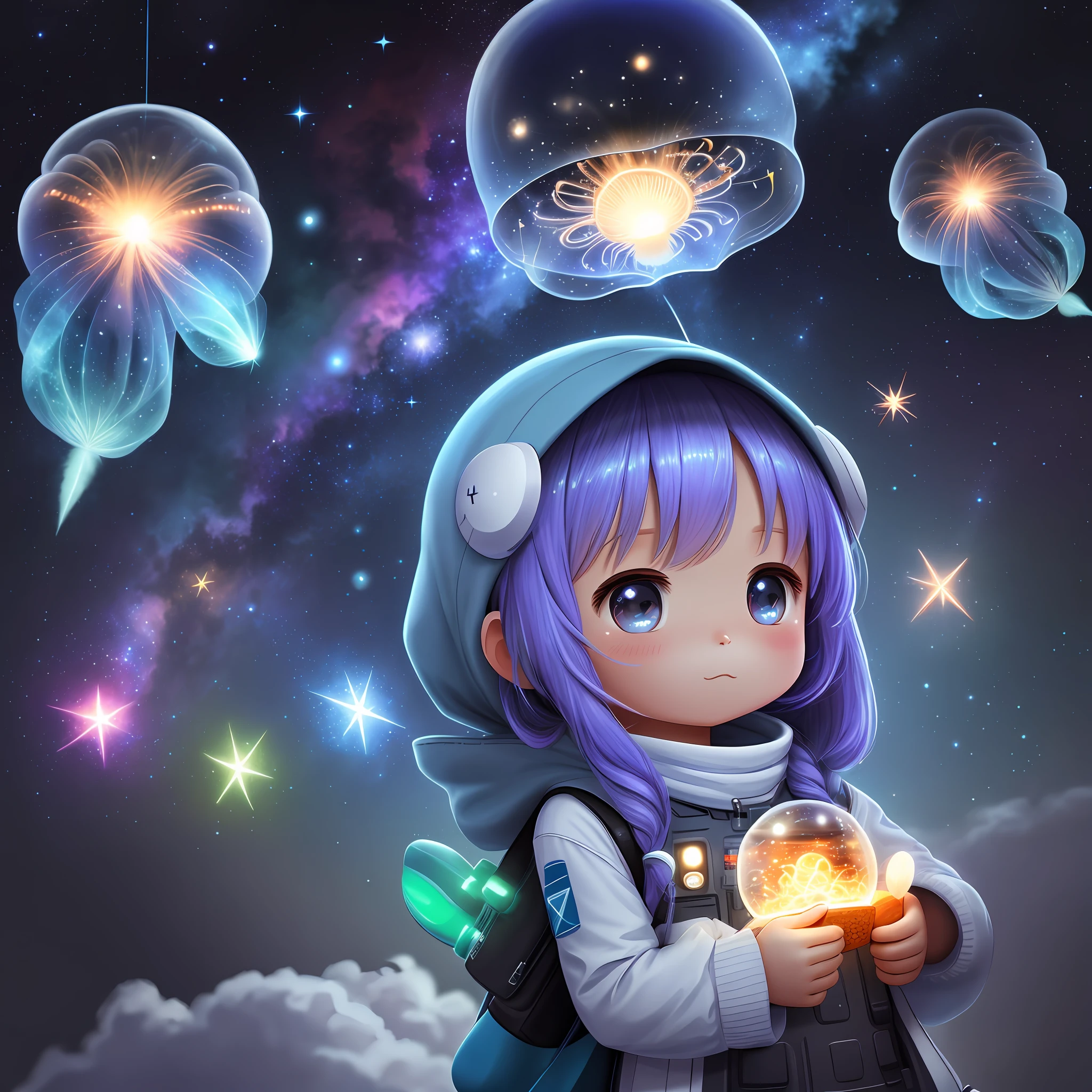galaxy, rocket, jellyfish, shooting star, cute art. Chibi, digital art. Cozy calm, more
