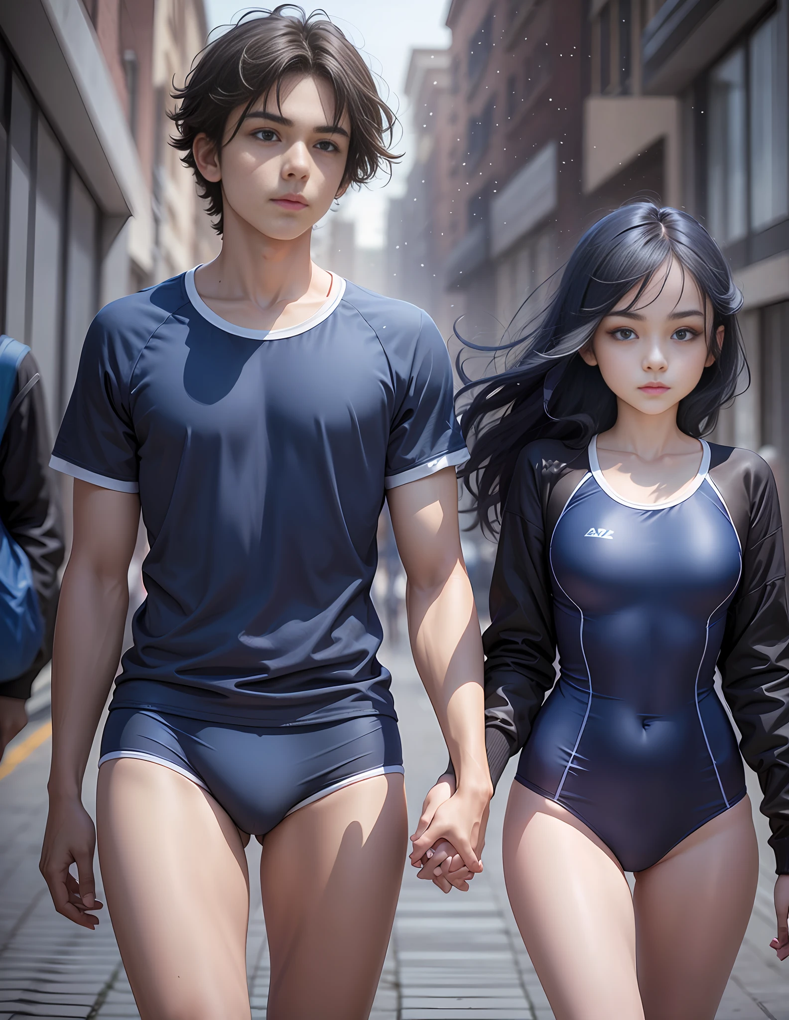 Picture of a girl in a dark blue school swimsuit and a teenage boy in a dark blue swimsuit walking to school hand in hand --auto --s2