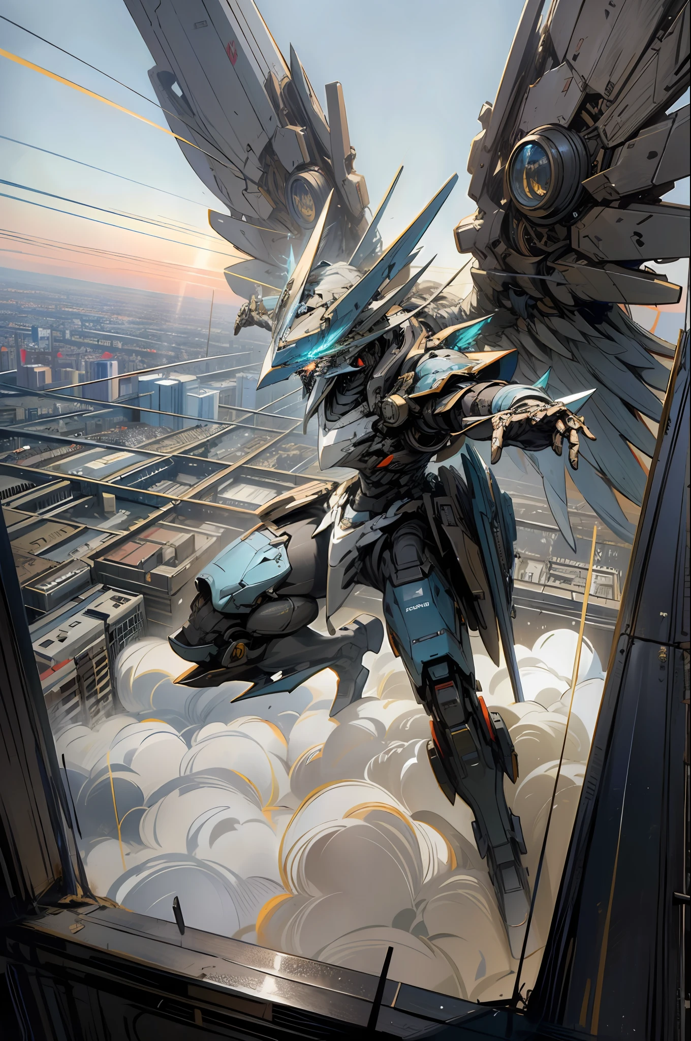 (Masterpiece, Best Quality: 1.3), Extreme Detail, Complex, 8k, HDR, Wallpaper, Cinematic Lighting, Sky, Flying, City with Weapons, Ruins, Glow, Armor, Glowing Eyes, Mecha, Reality, Mecha, Big Wings,