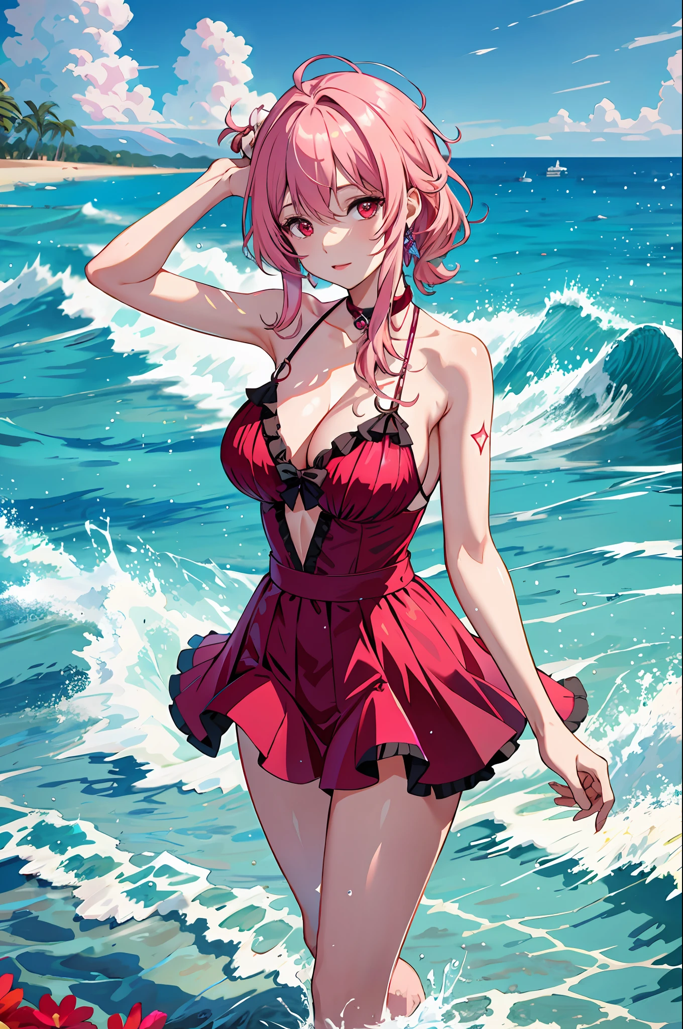 Ace, 4k, high resolution, masterpiece, best quality, idol singer, standing in the water, seaside, sky, cute, pink hair, beautiful and detailed eyes, waves, looking at the audience, large cleavage, red eyes