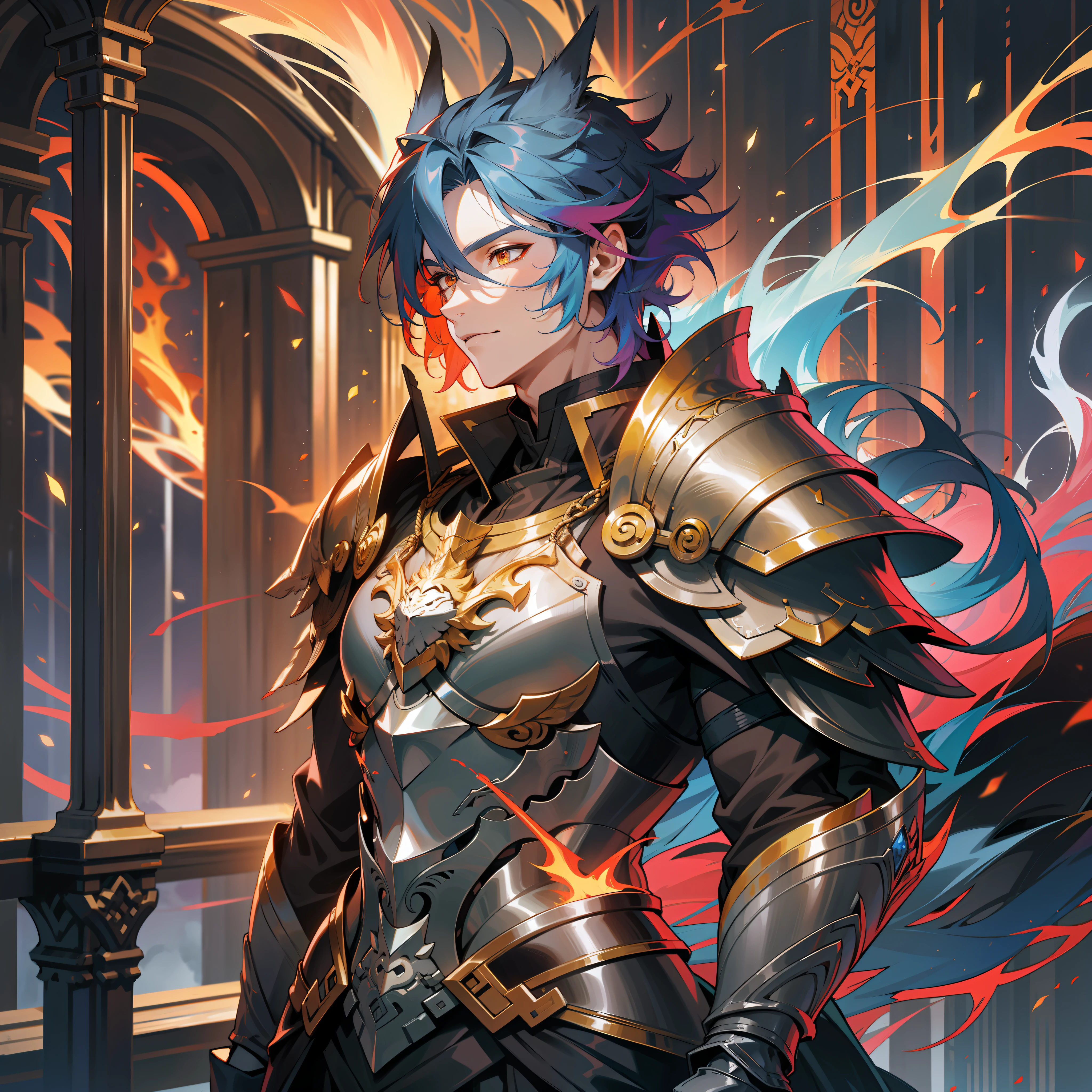 a male druid, wildly colored hair, dark fantasy, detailed colored armor, with a giant flaming fox behind him