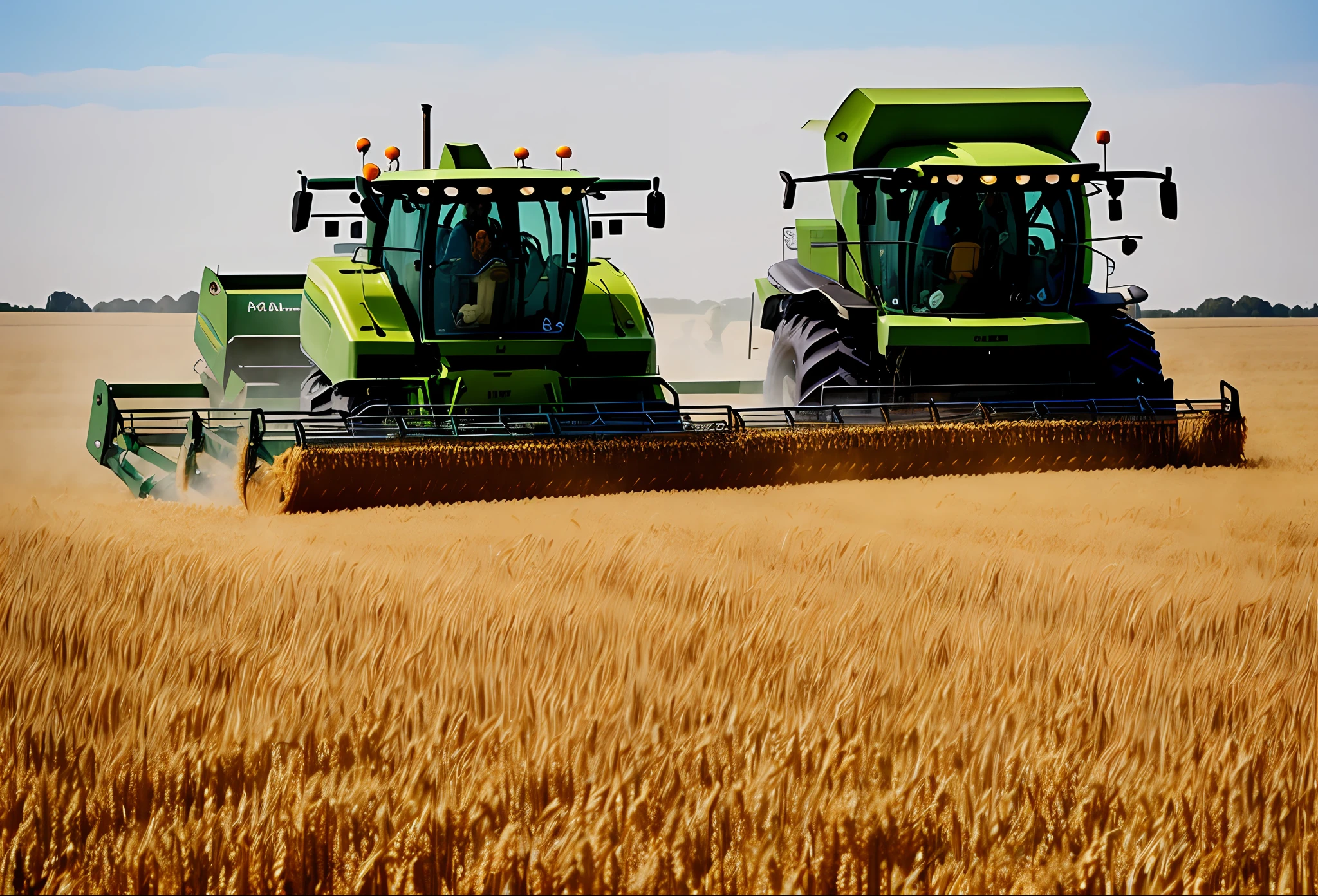 The harvester mows the wheat