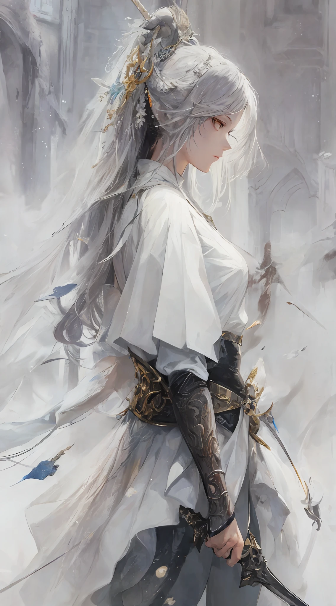 Close-up of a woman in a white dress holding a sword, fighting posture, sharp eyes, portrait of Yang J, cgsociety's popularity, fantasy art, beautiful character painting, Guwiz style artwork, Guwiz, white Hanfu, flowing white robes, full body martial arts, epic exquisite character art, stunning character art, beautiful female assassin