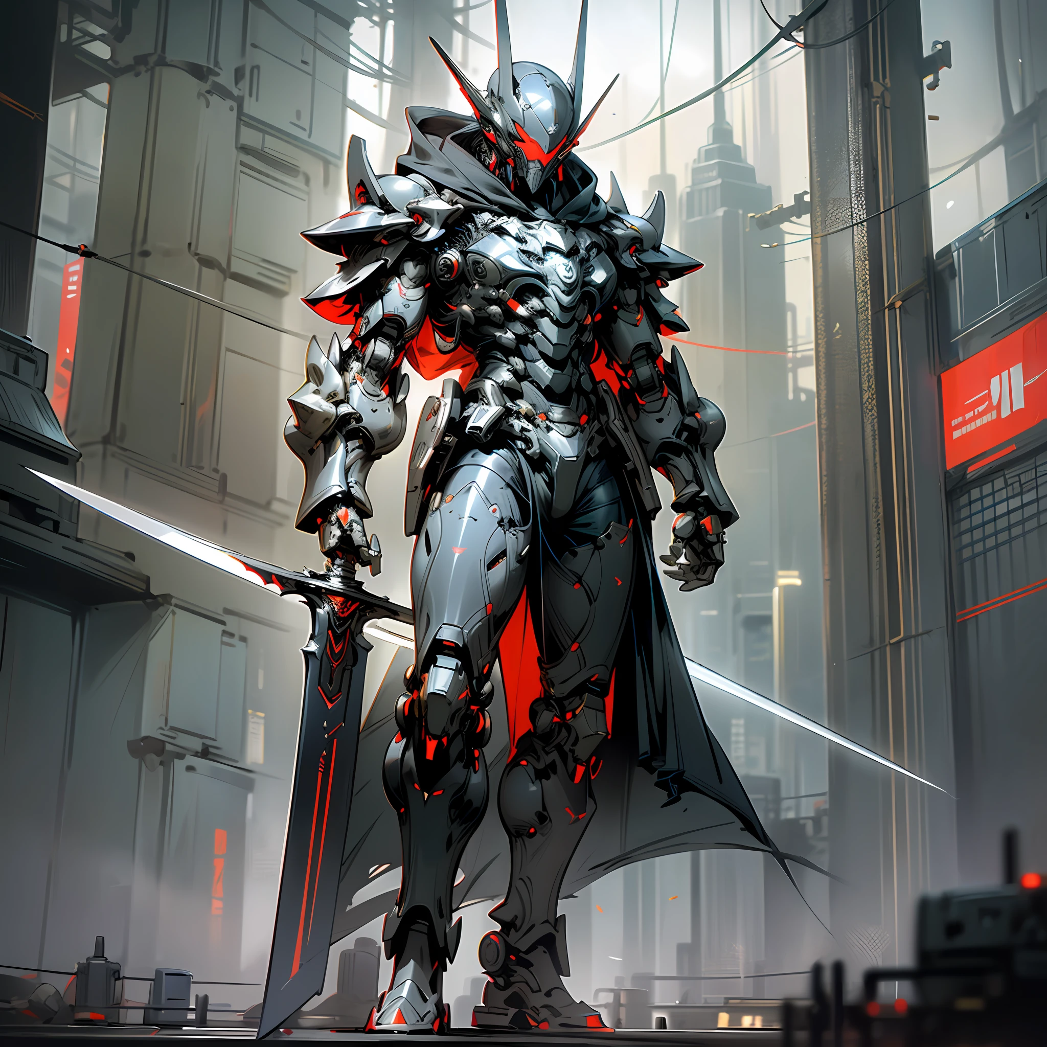 Dark_Fantasy,Cyberpunk,1man,Mechanical marvel,Robotic presence,Cybernetic guardian,dark knight mechanical armour, great sword on the back, surrounded by buildings, city, absolutely stunning art,wearing a black cloak, highest quality art, highest resolution, hyper detailed,black and red outlines