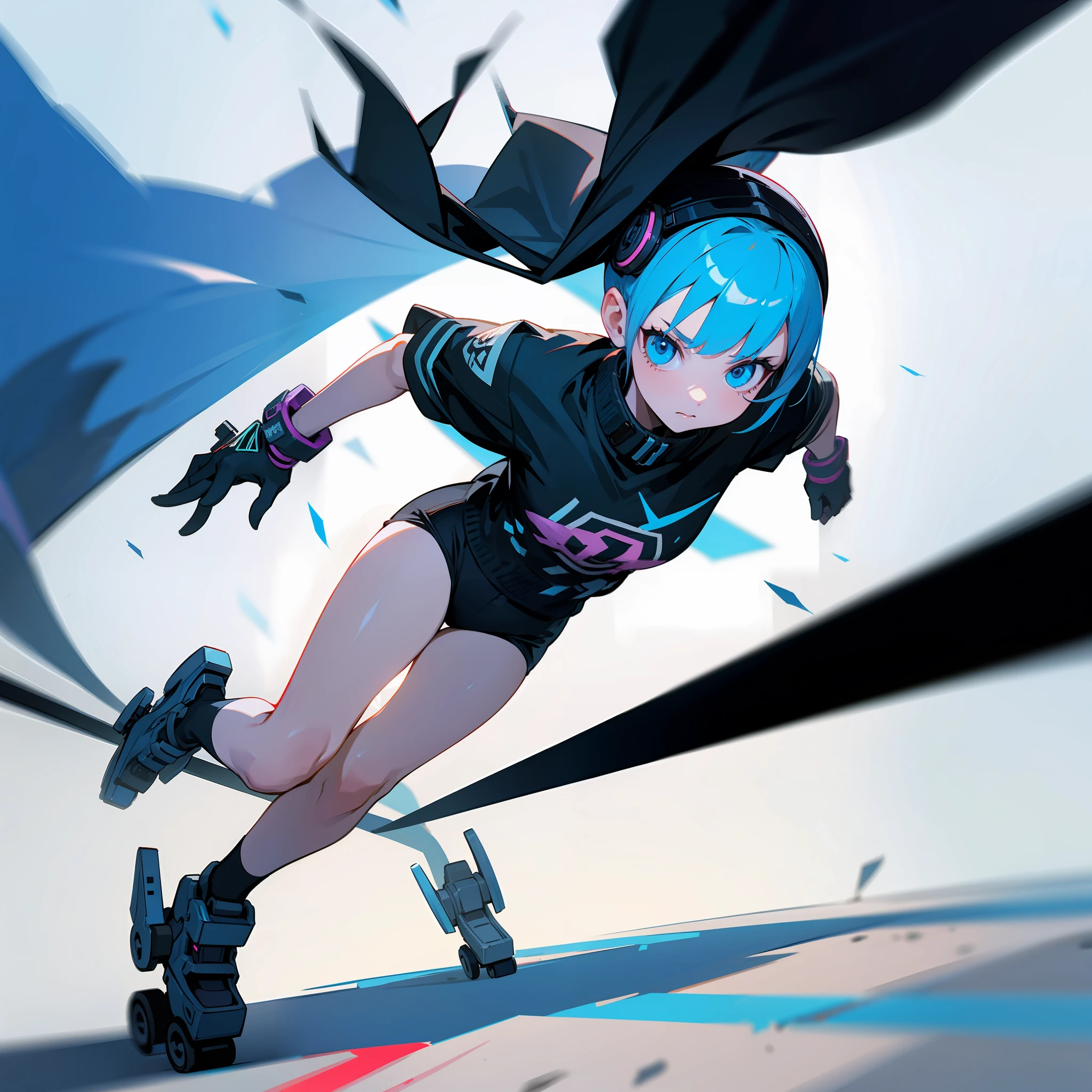 a girl skating with rollerblades in a dark cyberpunk city