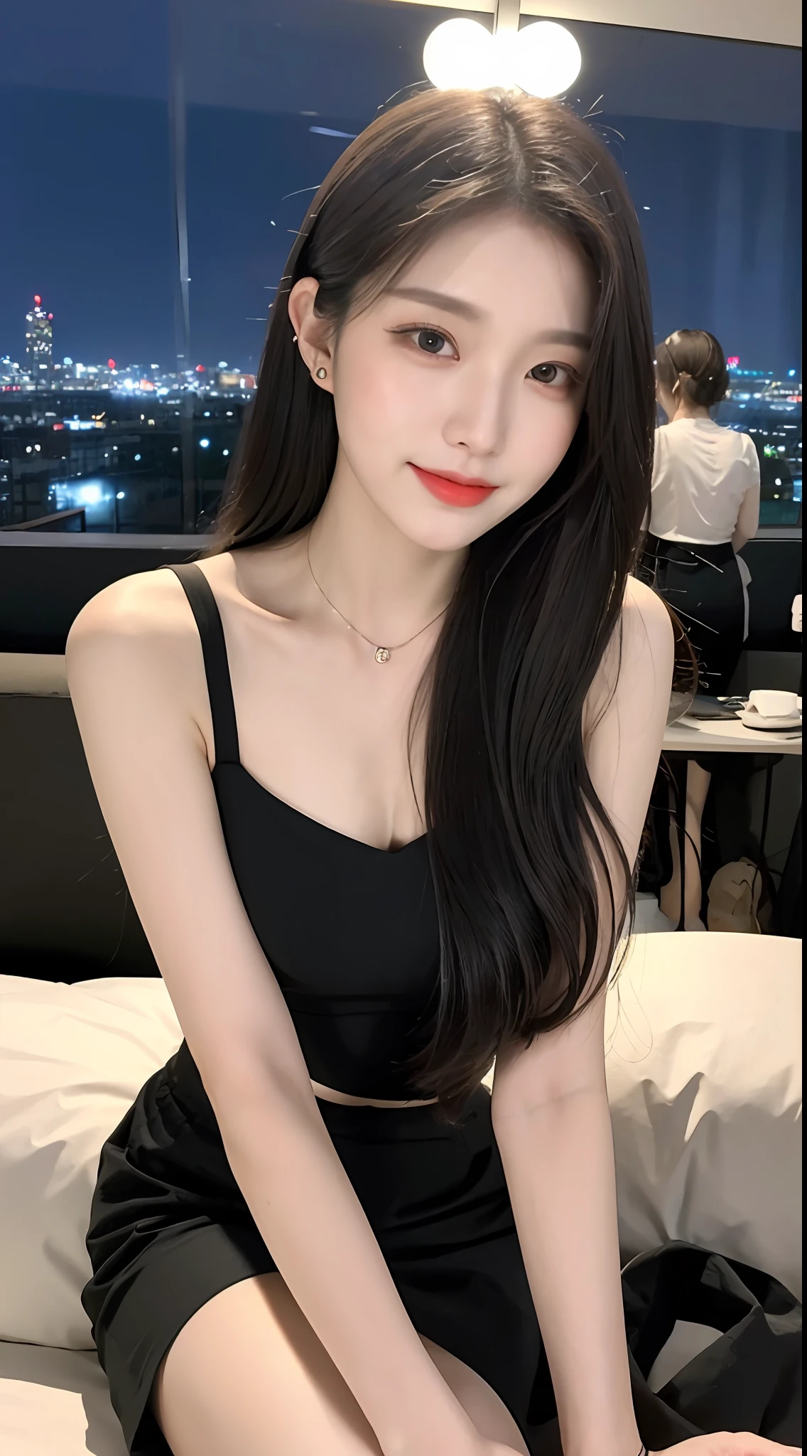 20 years old, pure beauty, danfeng eyes, double eyelids, lying silkworm, long eyelashes, black eyes, deep black hair, graceful body, showing slender waist, short skirt, face highlight, smile, look at me, bust photo, background, city night scene, Tyndall light, filter rendering, ultra-fine, HD, HD, HD picture quality, detail, 18k ultra-HD resolution, top effect, master work, bust photo.