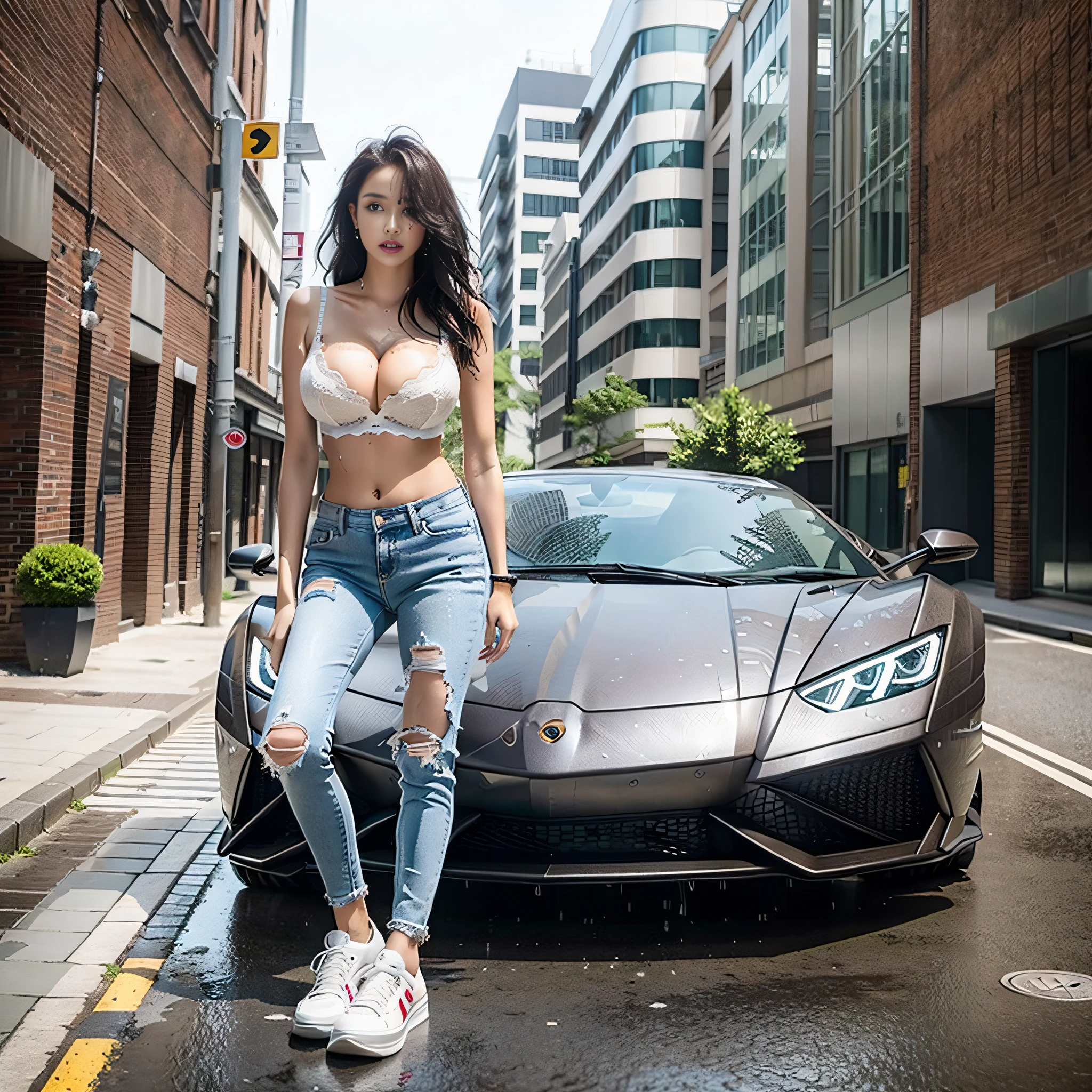 Oversized breasted girl, wearing torn white bra and ultra-short skinny jeans, 180cm tall, panty side leaking out, white platform sneakers, leaning on a Lamborghini car, sexy pose, full body composition, soaked clothes, soaked hair, ultra-fine eyes, ultra-fine breasts