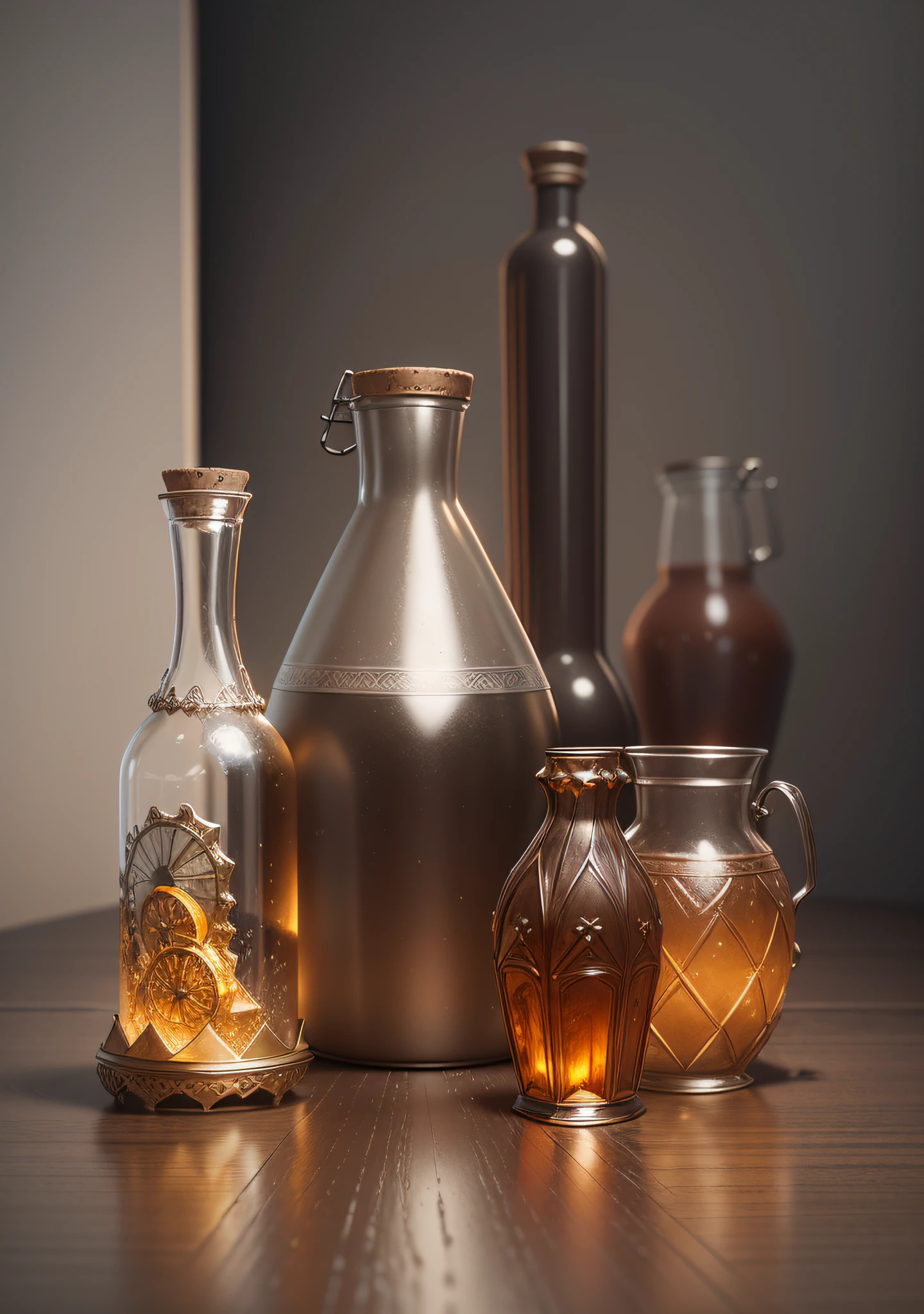 detailed photorealistic orthogonal view of shelver with historical with alchemical flacules, jars, glasses, bottles, octane render, difuse lighting