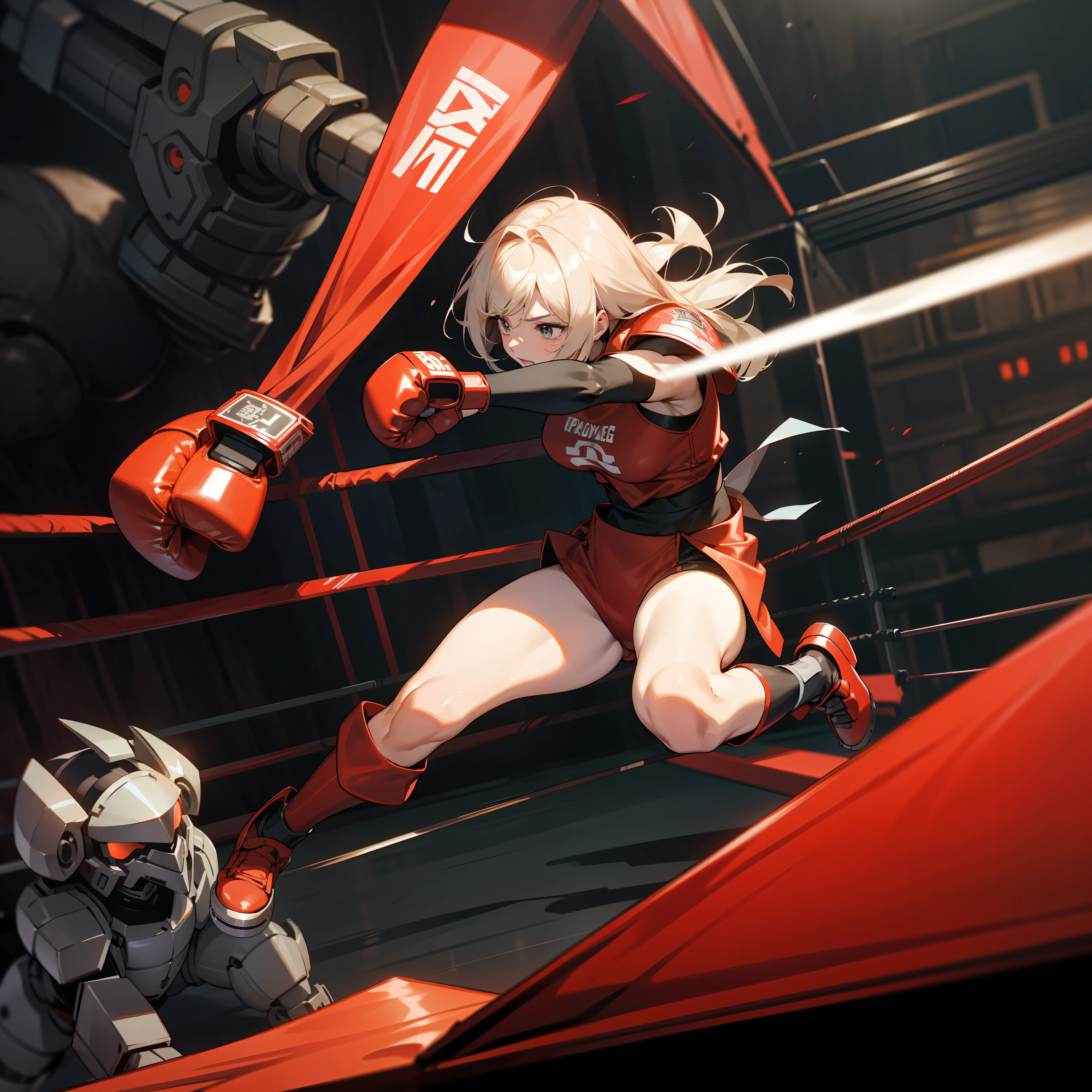 A woman in metallic boxing gloves, red and black armor, fighting pose, in a boxing ring surrounded by giant machines and robots