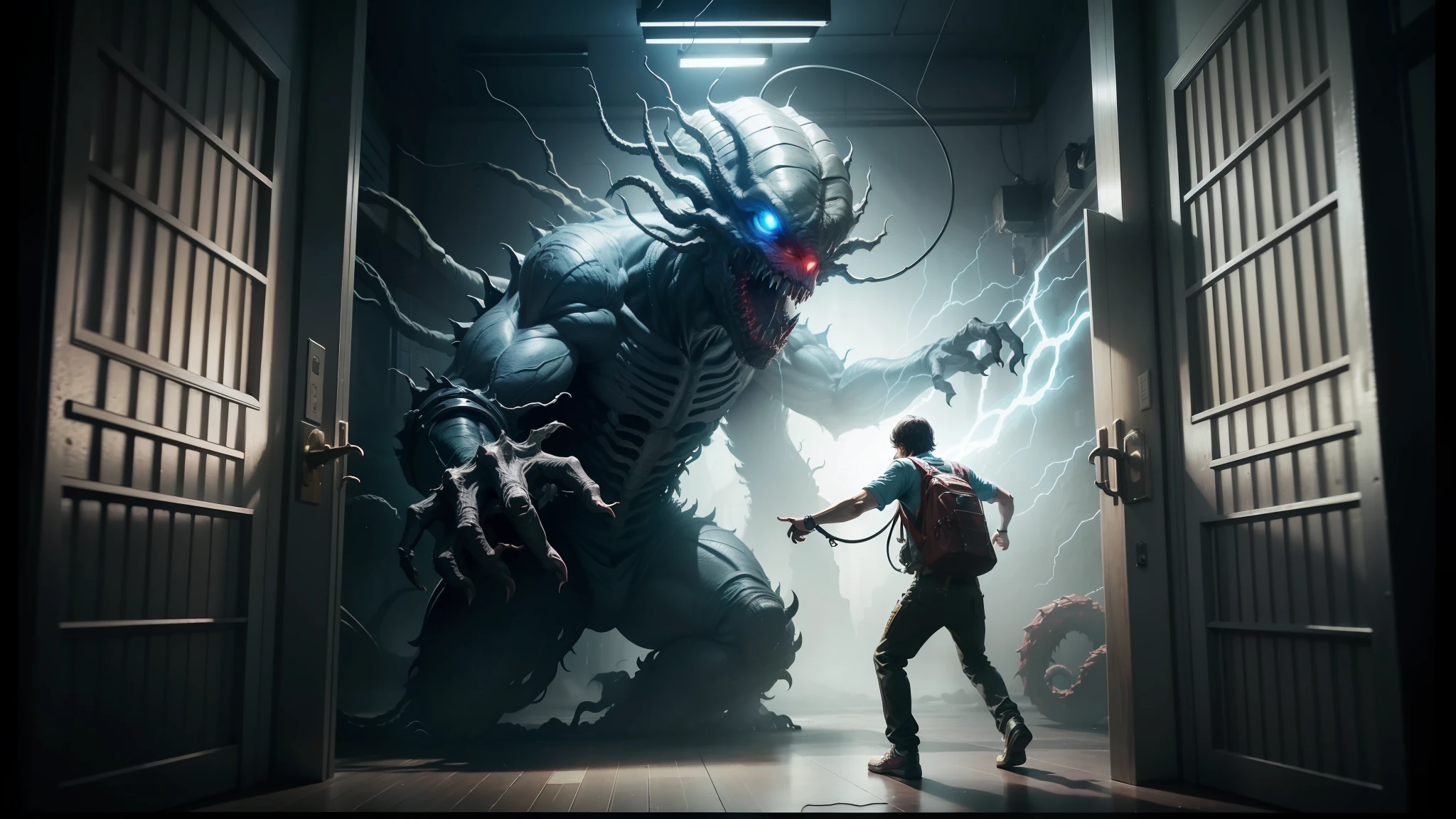 arafed man in a dark room with a giant monster coming out of a door, demogorgon, still from stranger things movie, cgsociety 9, stranger things demogorgon, still from a music video, still from stranger things, from the movie the thing, cosmic horror concept art, promotional images, cgi art, demogorgon from stranger things, movie screenshot --auto --s2