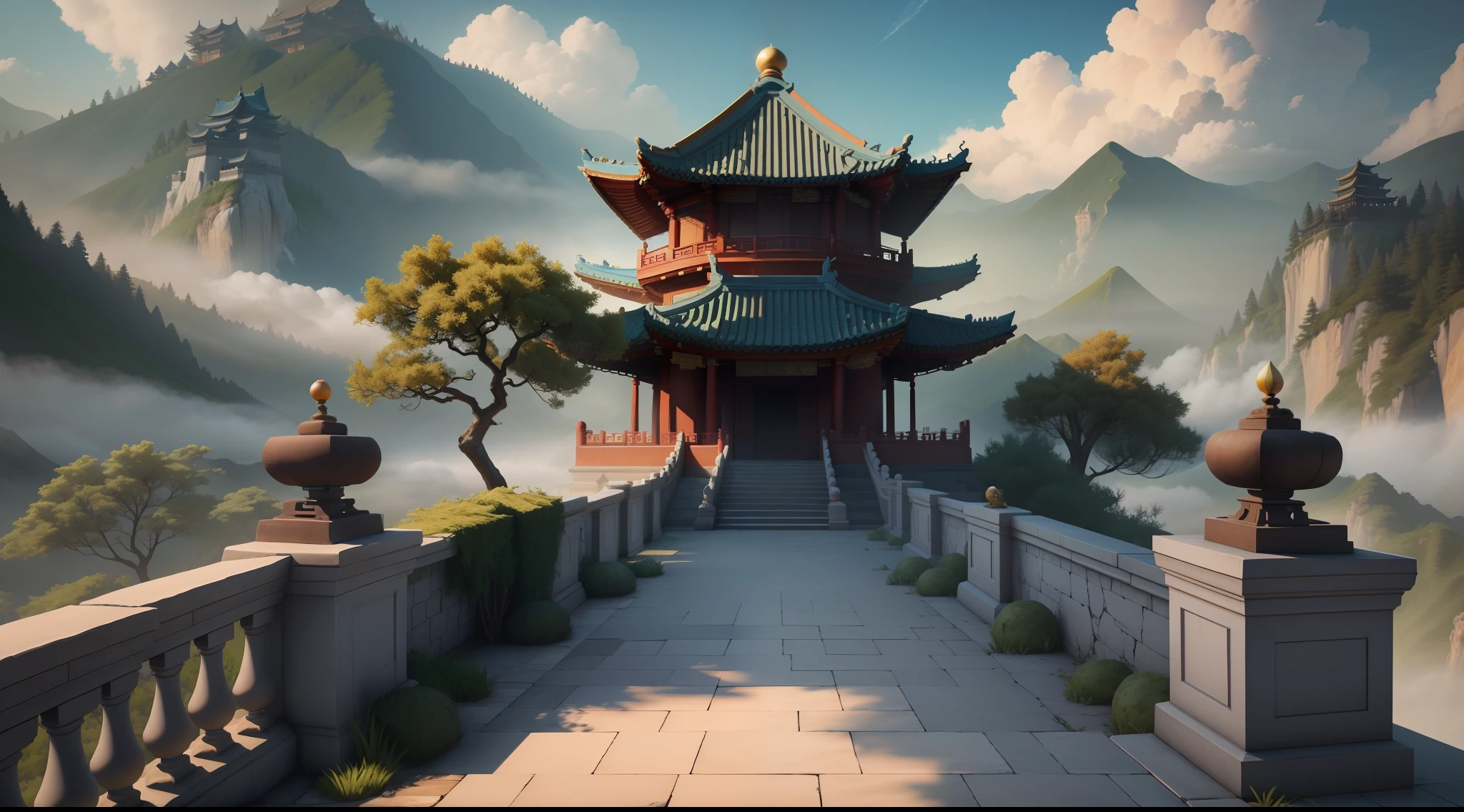 (Pixar style: 1.2), game scene, ancient Chinese palace is located above the clouds, South Heavenly Gate, cloudy and misty, majestic, glazed tiles, Buddha statues, colorful light, high quality, exquisite graphics, high detail, Chinese, 3D artwork, inspiration by Jin Yong, first-person perspective, video games, lighting, blender, OC renderer, dribbling high detail 8k, --v 6