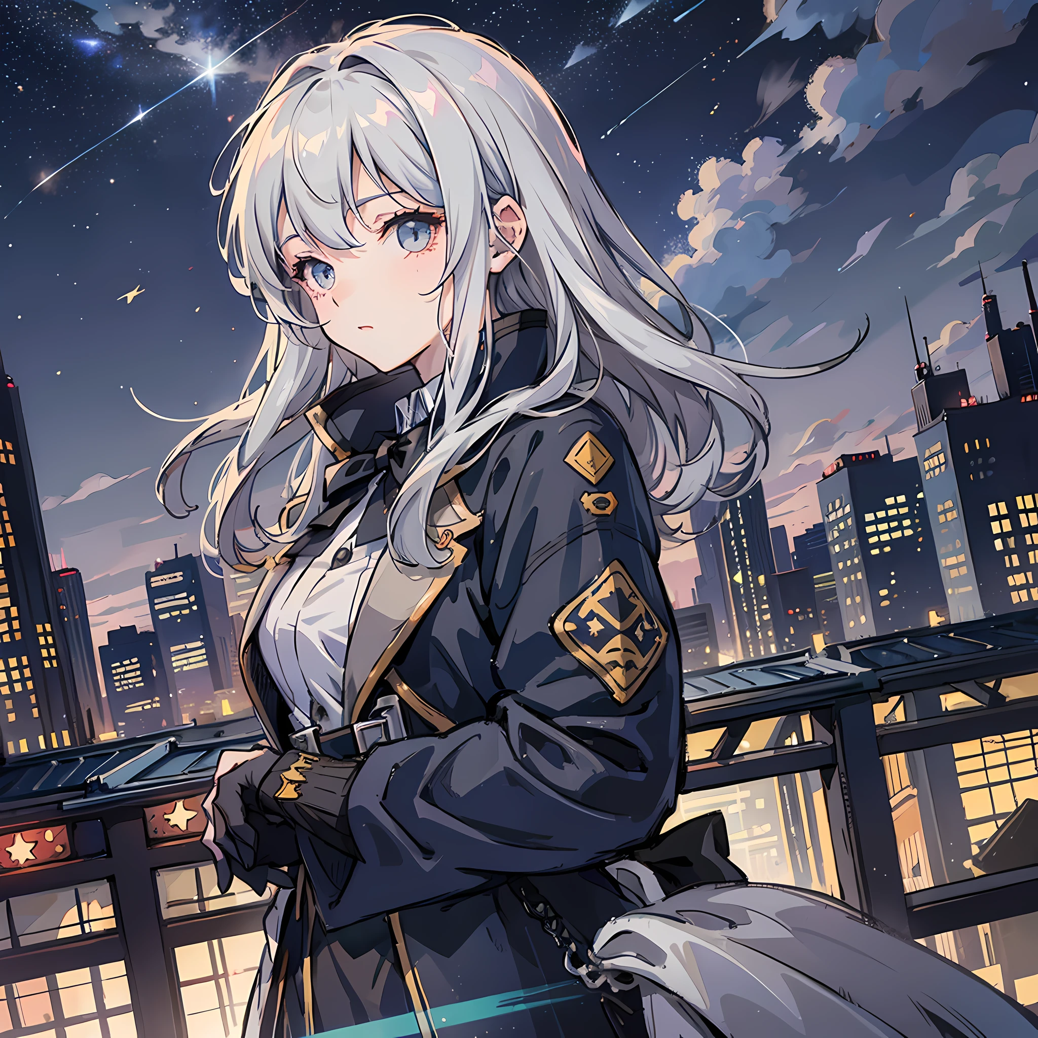 gray hair, night view, rooftop, uniform, shooting star, illustration, anime style --auto --s2