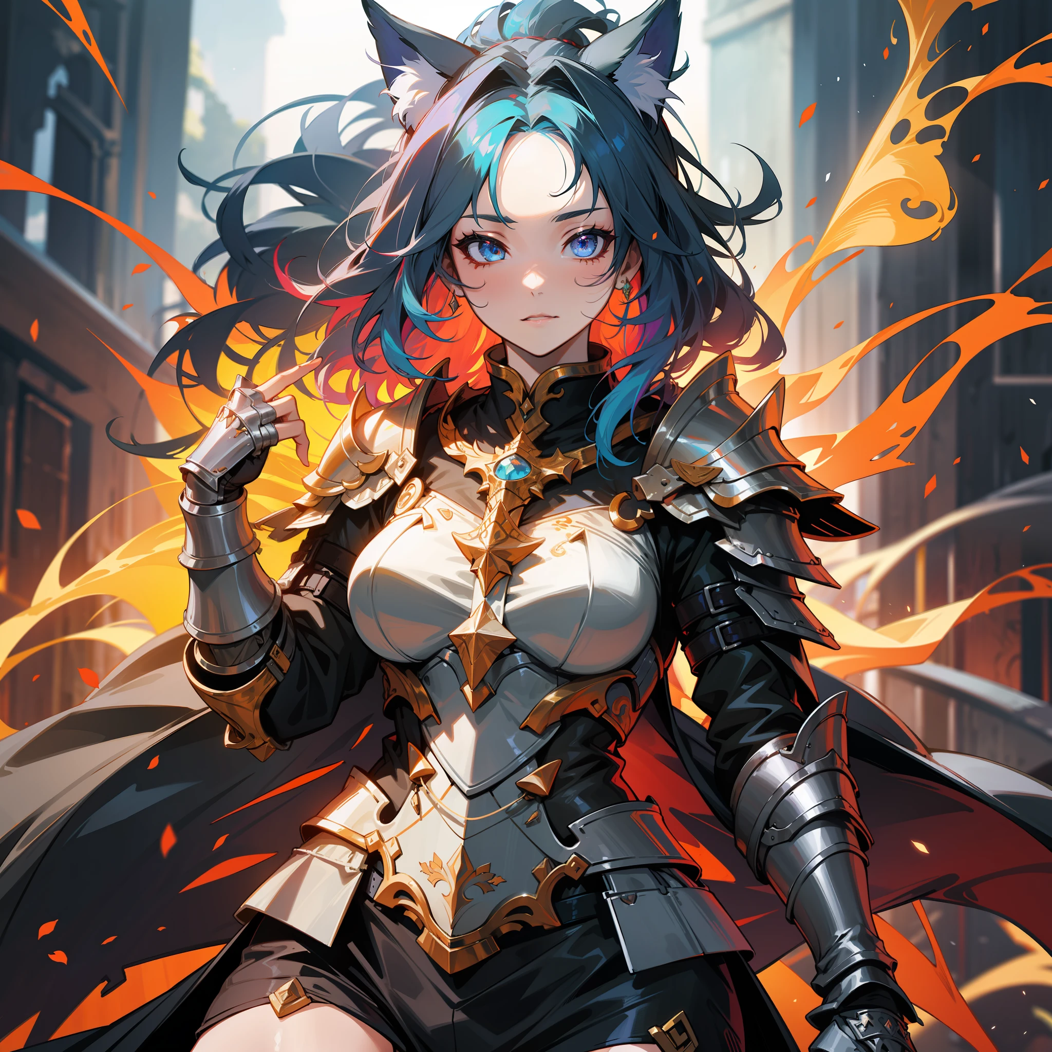 a female druid, wildly colored hair, dark fantasy, detailed colored armor, with a giant flaming colored cat behind her