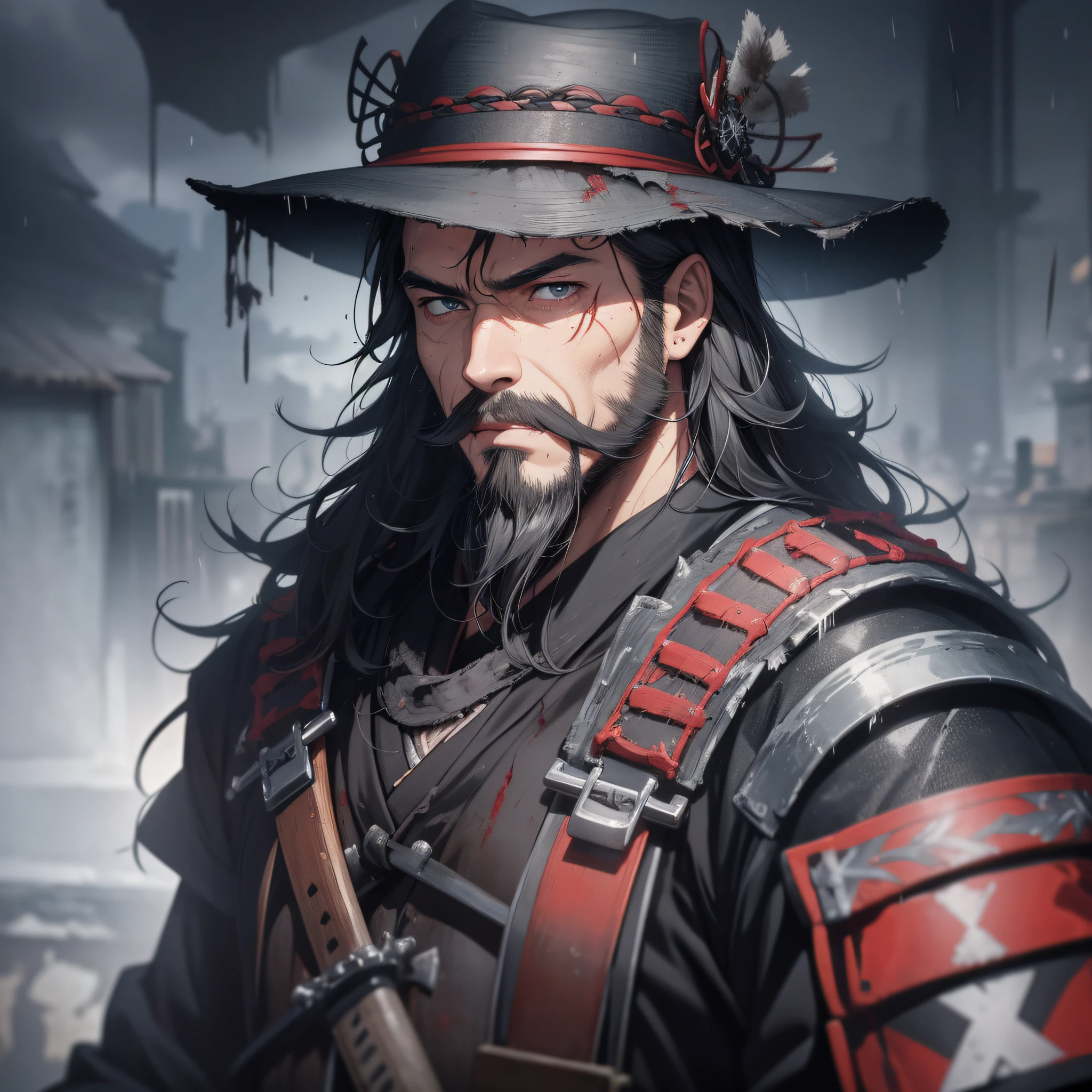 BREAK (bad ass stance) (half face, half covered by hat) (strong man, facial hair) (masterpiece, best quality, atmospheric composition),(an old samurai:1.2),(bleeding, hurt) (torn clothes) (old hat, raining:1.1) (stormy weather) (depth of field) (bleeding) (wet, shining hair)