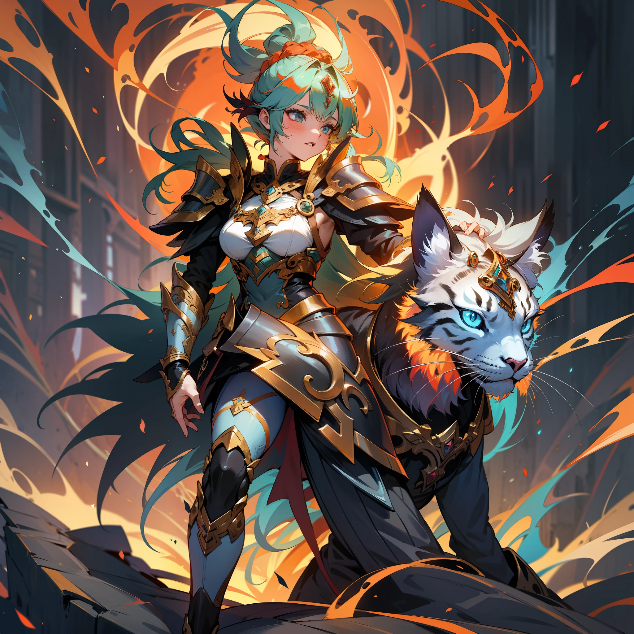 a female druid, wildly colored hair, dark fantasy, detailed colored armor, with a giant flaming colored cat behind her