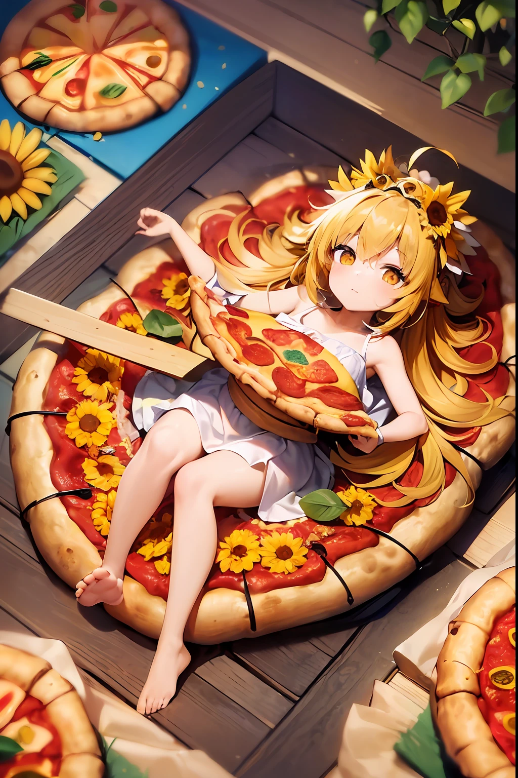 (masterpiece, best quality, highly detailed),1girl,solo,fullbody,lying,chibi, (yellow and orange two-tone short twin-tail hair), (ahoge), (sunflower headdress), ((gasping)), huge pizza, rolled with pizza, inside a pizza, wrapped in pizza,