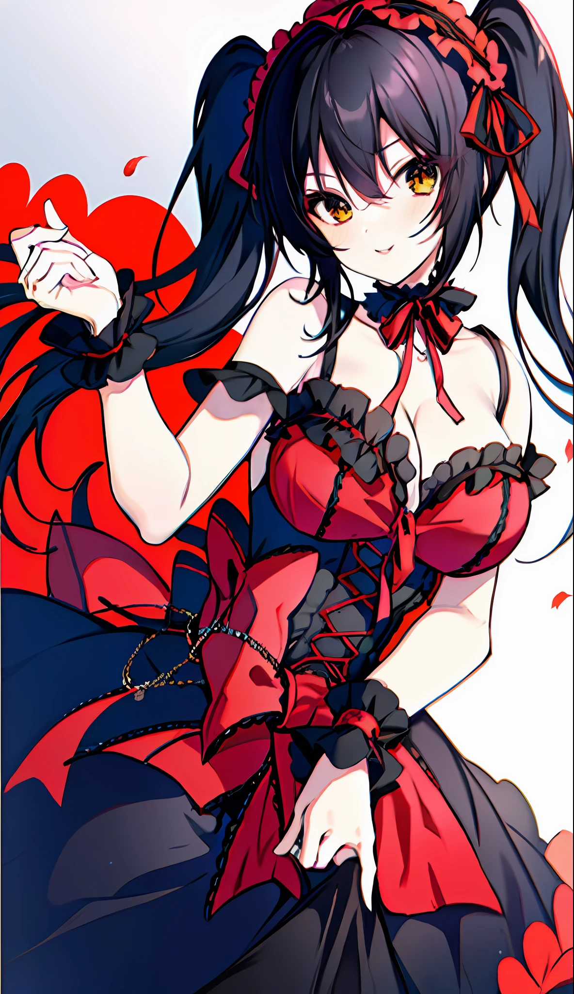 18 year old beautiful girl, masterpiece, top quality, 8K anime, 1 girl, solo, detailed fingers, precise fingers, not unnatural hands, odd eye, black hair twin tails, kurumi tokizaki, cleavage,