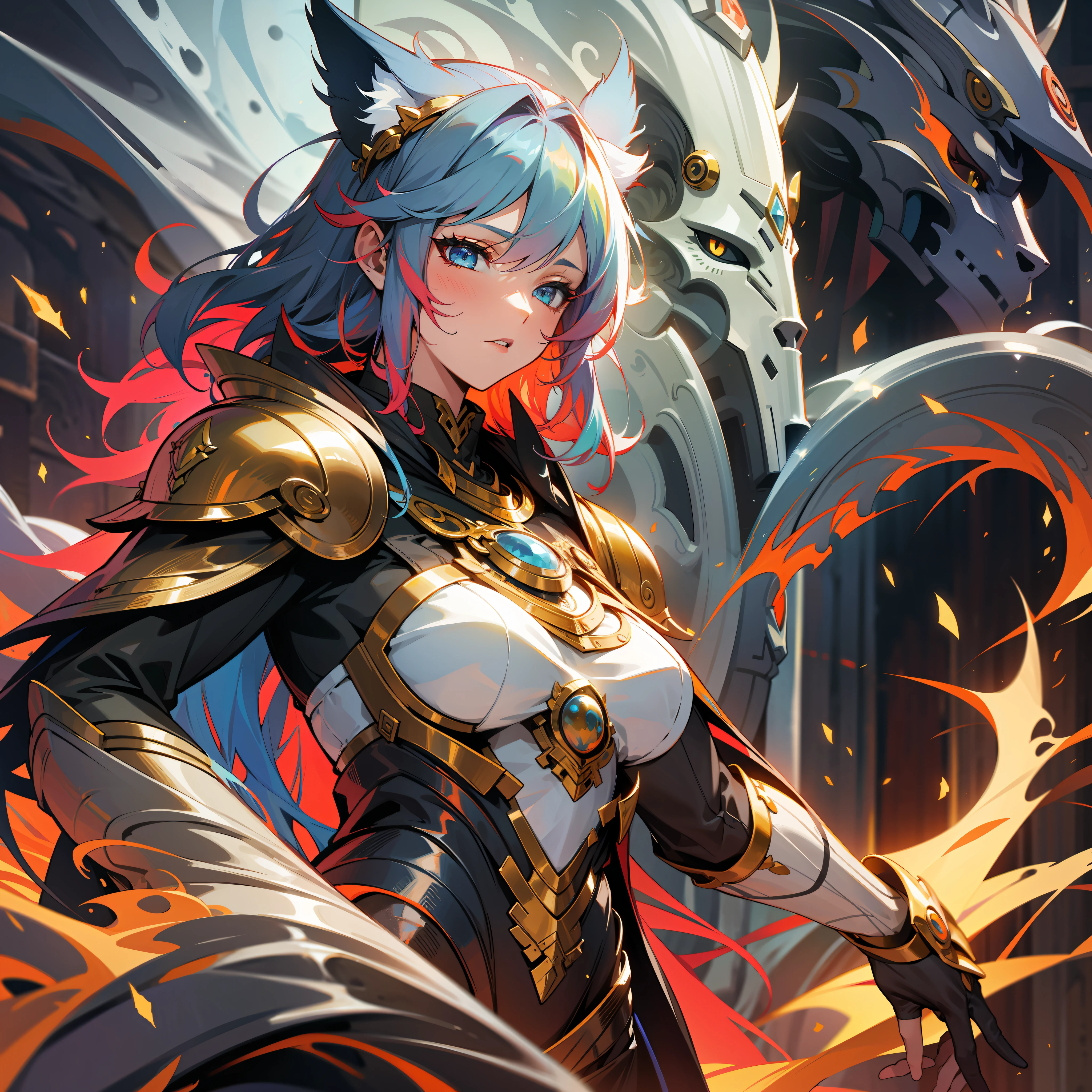 a female druid, wildly colored hair, dark fantasy, detailed colored armor, with a giant flaming colored cat behind her