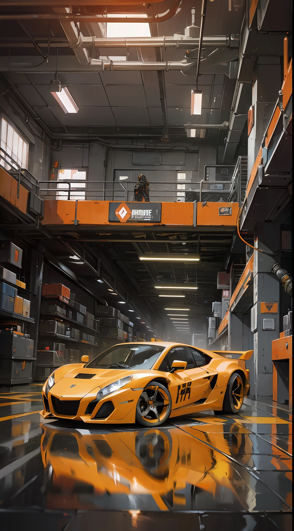 "(Masterpiece) (Cyberpunk theme) (dynamic view) Beautiful on top of a futuristic car, in a machine shop, black and orange cybernetic armor, bright circuitry, reflecting floor, vibrant and contrasting colors."