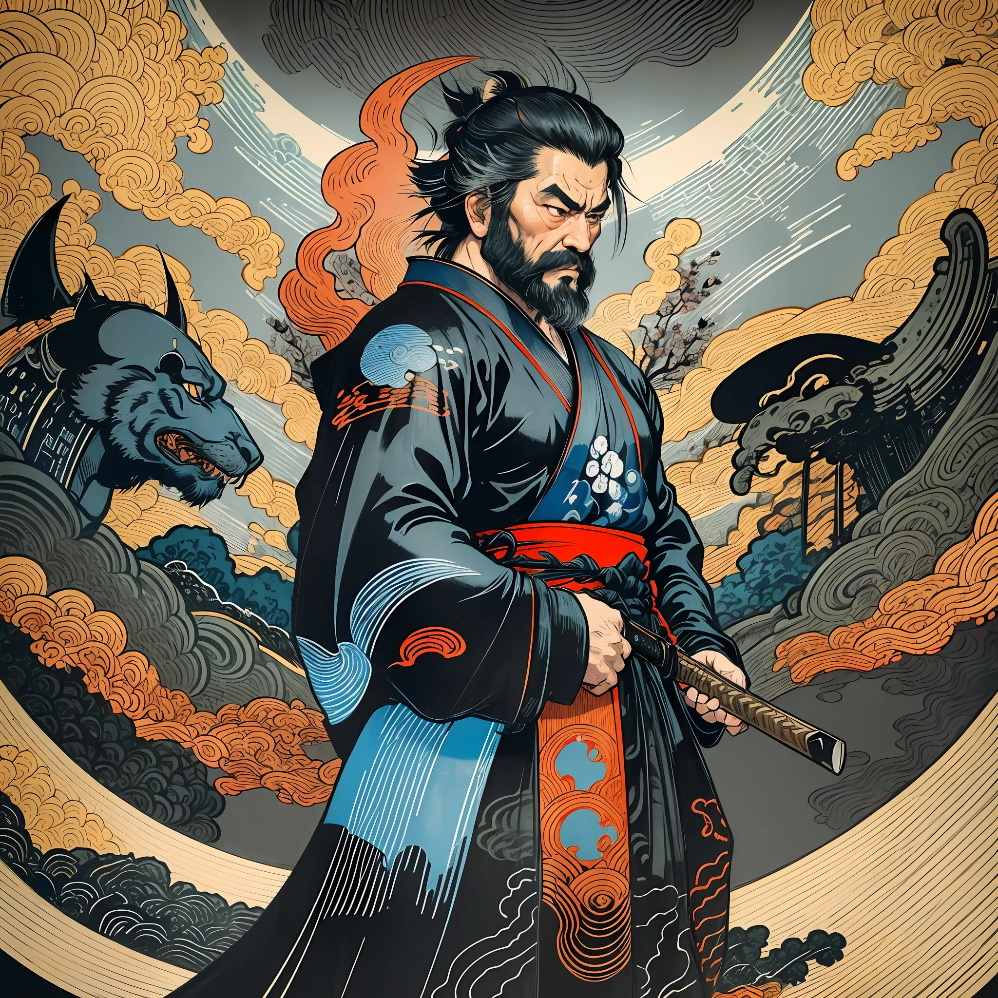 It is a full-body painting with natural colors with Katsushika Hokusai-style line drawings. The swordsman Miyamoto Musashi has a big body like a strongman. Samurai of Japan. He has a dignified yet manly expression of determination, short black hair, and a short, trimmed beard. His upper body is covered in a black kimono and his hakama is knee-long. In his right hand he holds a Japan sword. In the highest quality, in the high-resolution ukiyo-e style lightning and swirling flames of the masterpiece. Miyamoto Musashi stands with his face and body facing forward, his back straight.