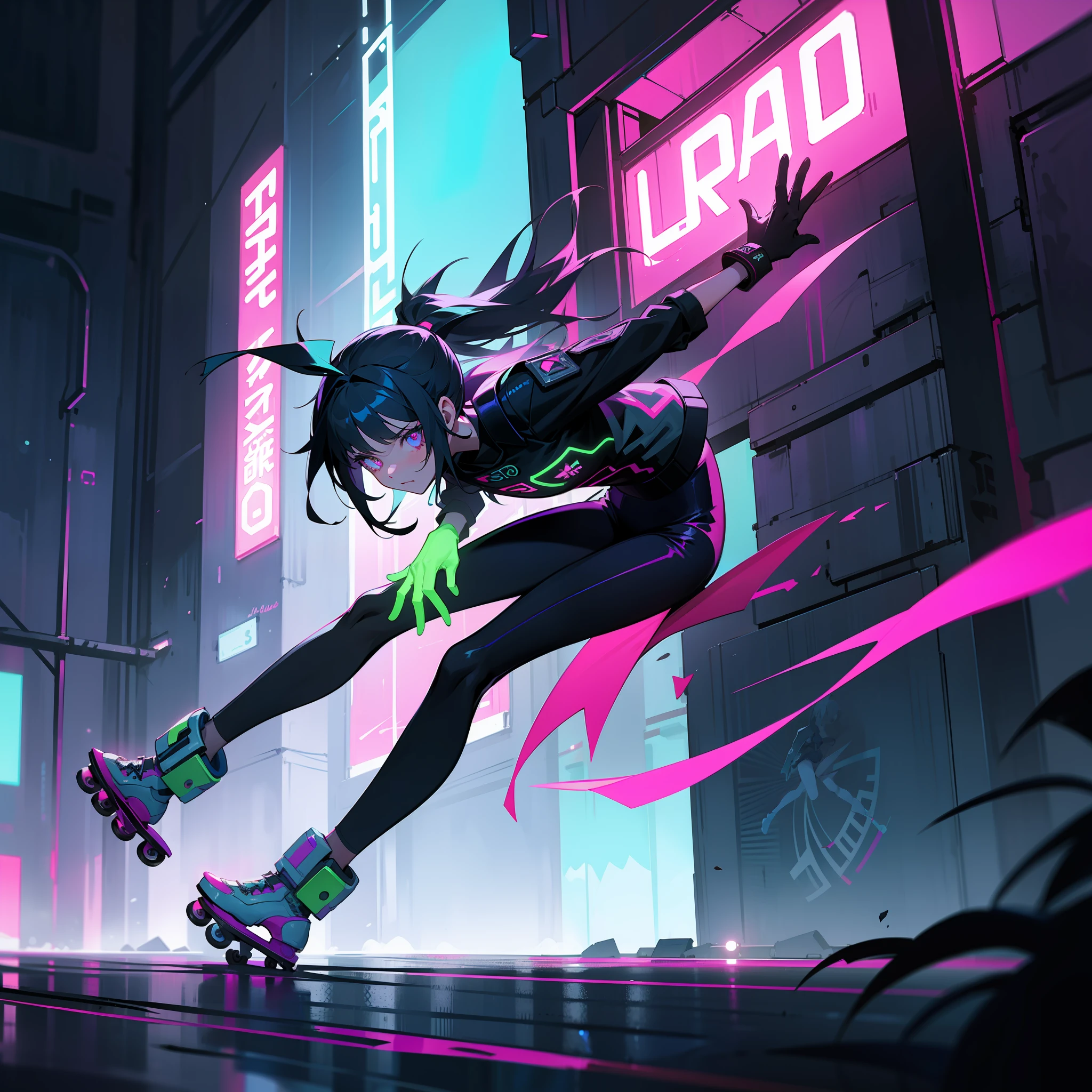 A girl skating, with neon skates, in a dark and gloomy cyberpunk town, surrounded by neon lights