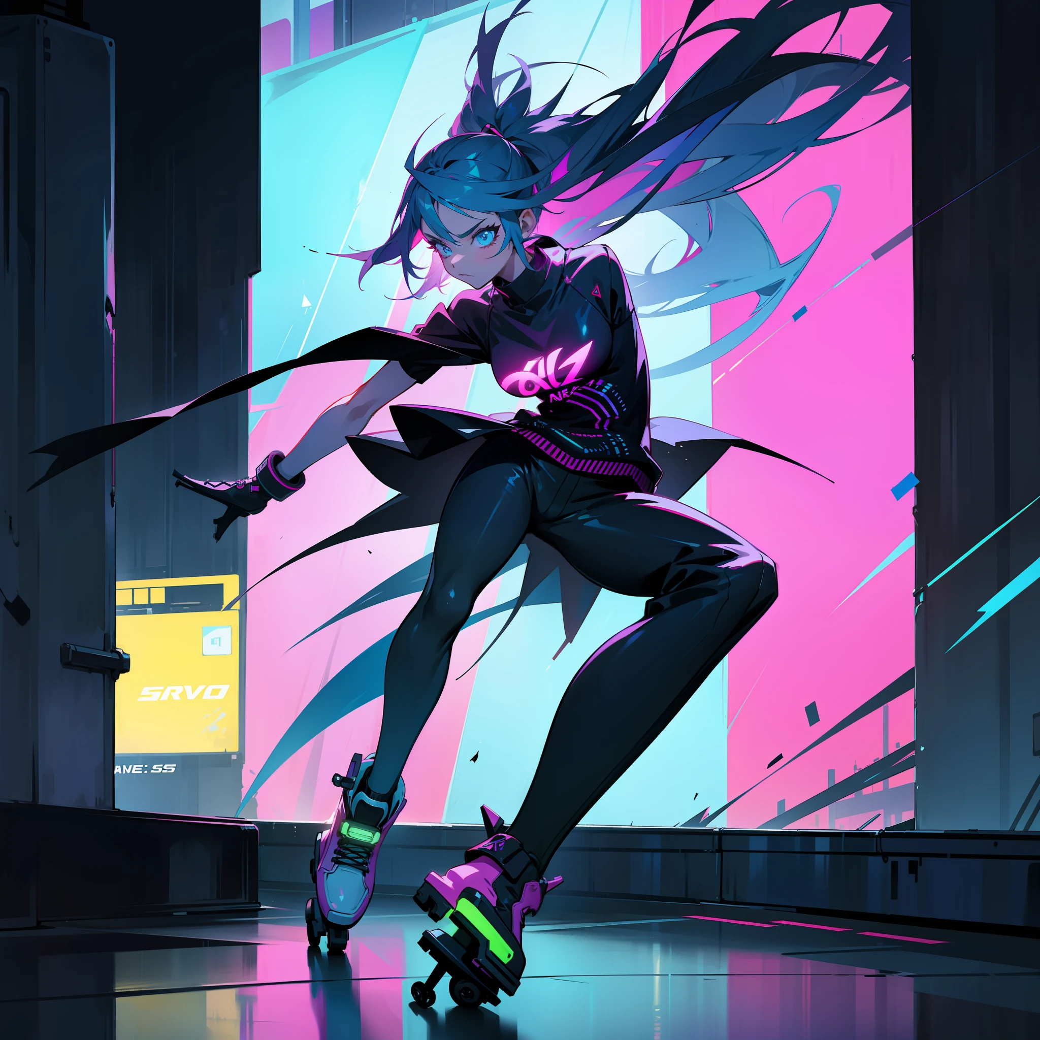 A girl skating, with neon skates, in a dark and gloomy cyberpunk town, surrounded by neon lights