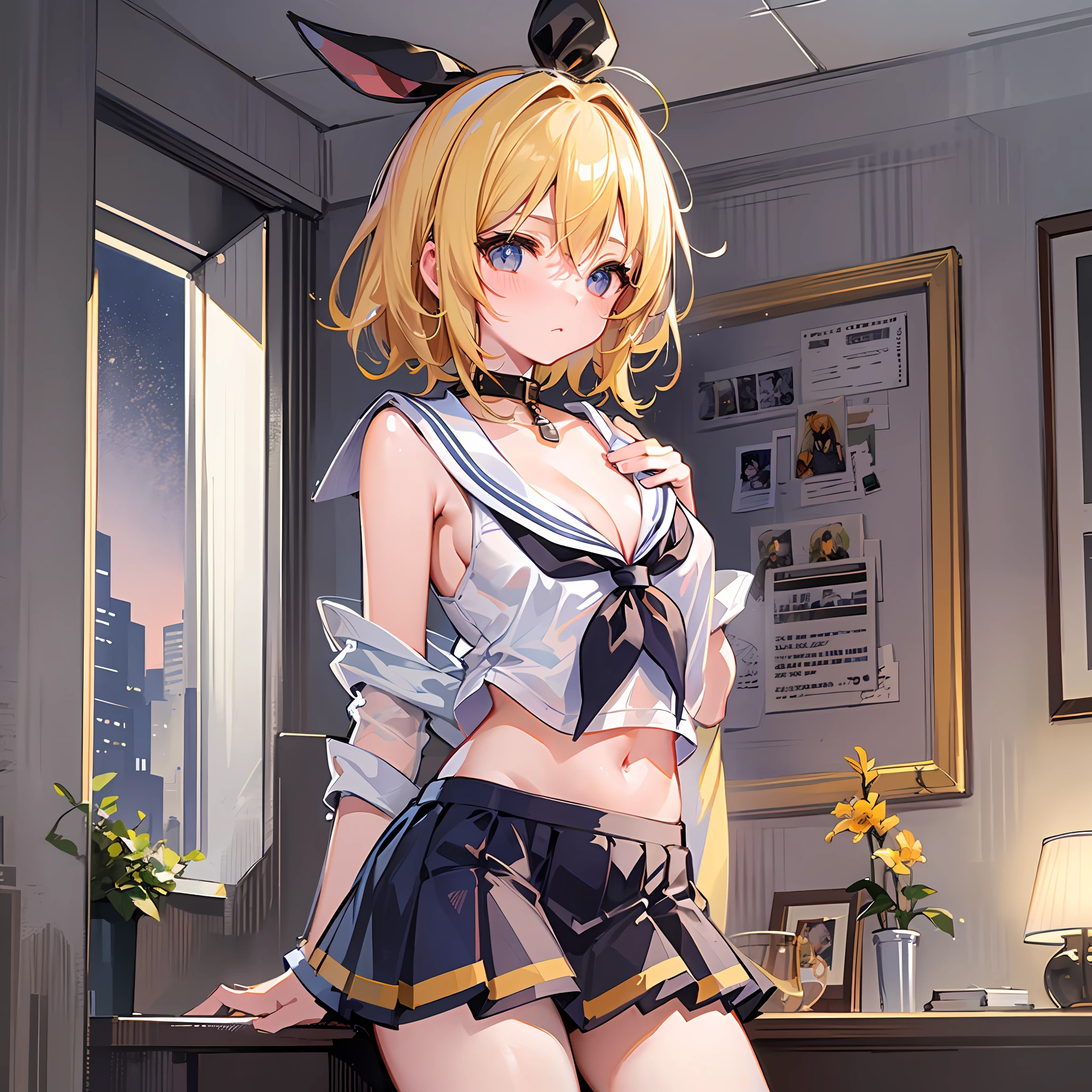 (Masterpiece), (Best Quality), (Illustration), (Super Detail), (High Resolution), One Girl, Kagamine Rin, No Bra, No Panty, Cleavage, (Small), Very Cute Girl, Blushing, Cute Loli, Short Hair, Junior High School Loli, Blonde, Innocent Face, Secondary Sex Characteristics,  School, (Sailor Suit), Skirt, Navel Visible, Shoulders Visible, Still Young Body