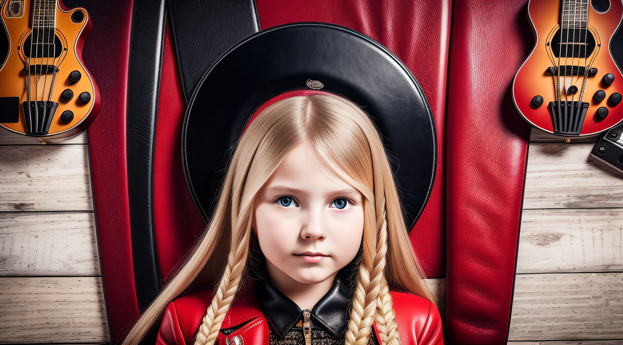 Russian style, girl children, portrait, long blonde hair with red leather jacket and black clothing, background with amplifiers and guitars,. --auto --s2